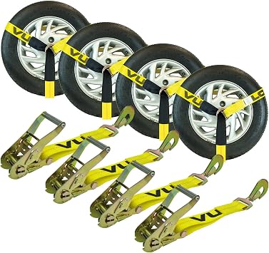 VULCAN Car Tie Down - Twisted Snap Hooks - Lasso Style - 2 Inch x 96 Inch - 4 Pack - Classic Yellow - 3,300 Pound Safe Working Load