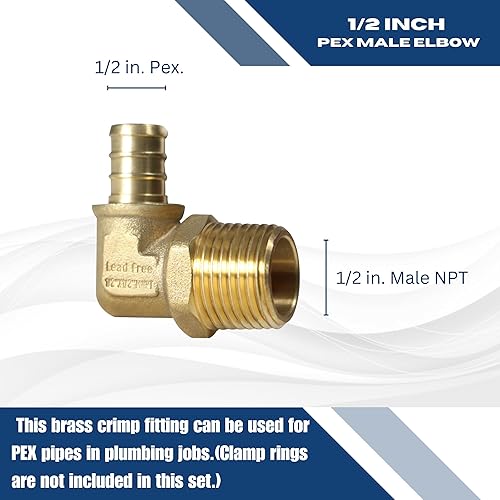 Miniatura 5 de 2 piezas de codo roscado NPT macho de 1/2 pulgada Pex x 1/2 pulgadas, montaje de engarce de latón de 90 grados, latón, puerto completo