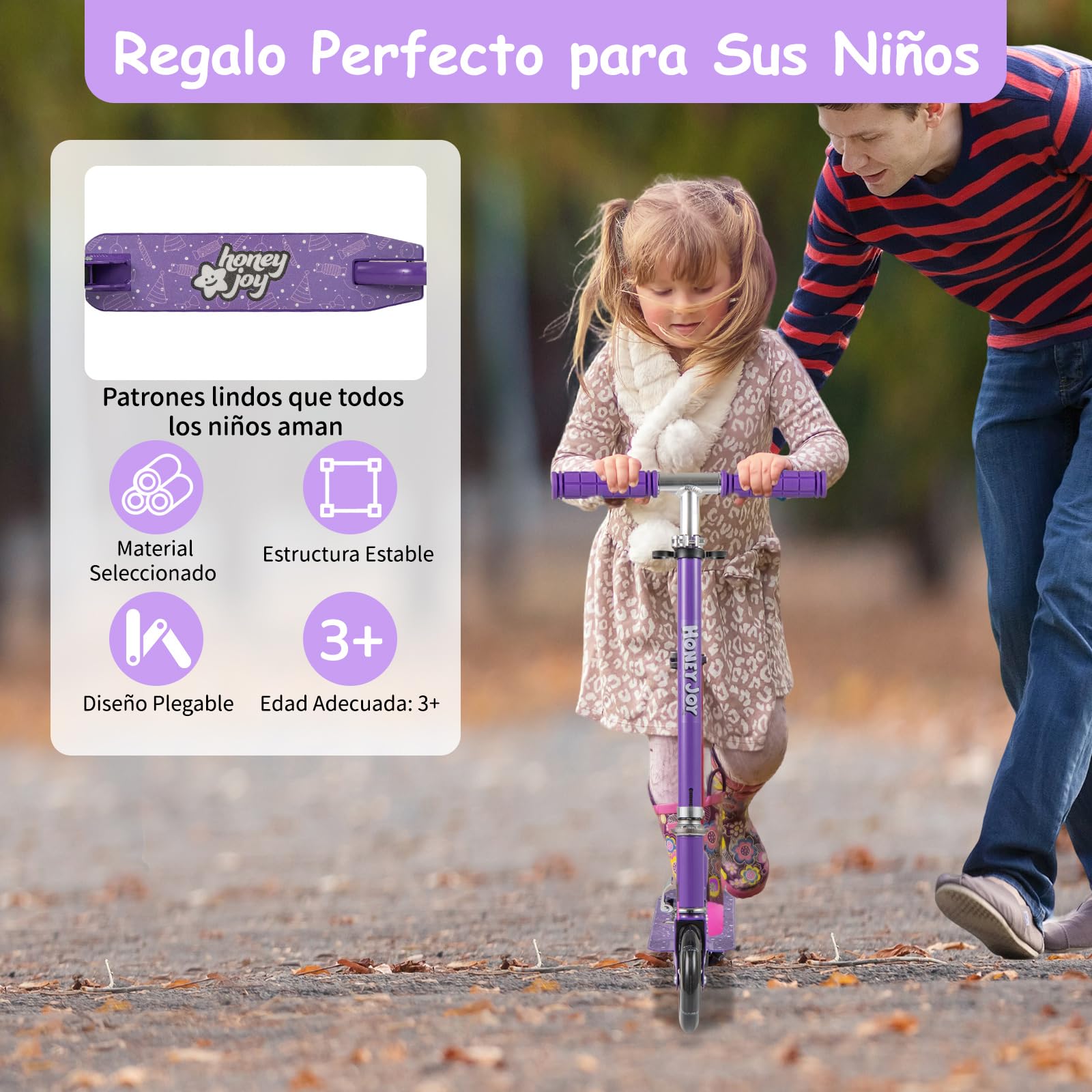 COSTWAY Patinete para Niños, Patinete con 2 Ruedas Intermitentesφ120 mm, Manillar Ajustable y Sistema de Freno Trasero, Scooter LED para Niños Más de 3 Años, 50 kg