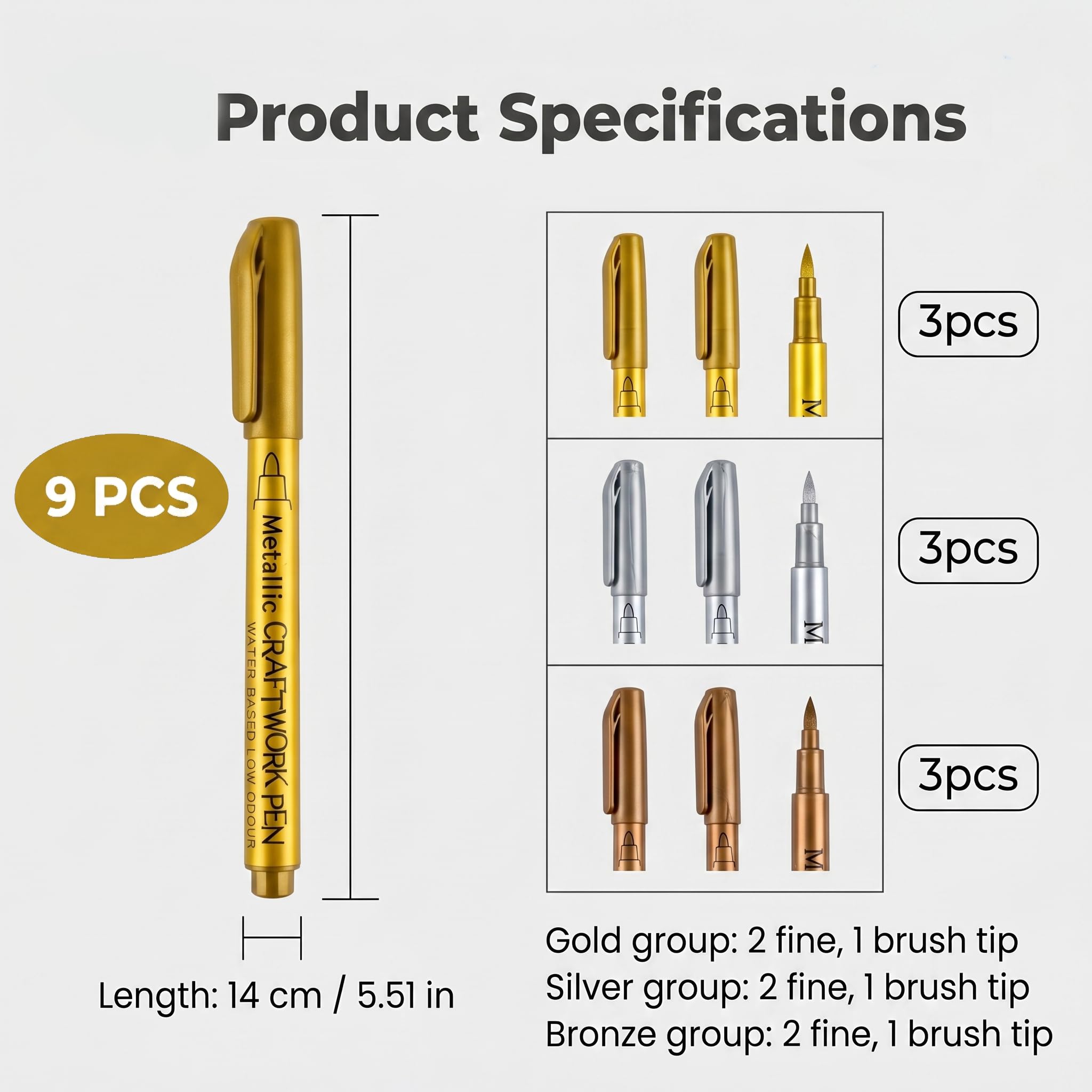 9 Wasserfeste Metallic Marker Stifte, Permanente Acrylmarker Metallic Stifte Set in Gold Silber Bronze, mit 6 Dicken und 3 Feinen Spitzen für Kartenschreiben, DIY Zeichnung, Album, Scrapbooking