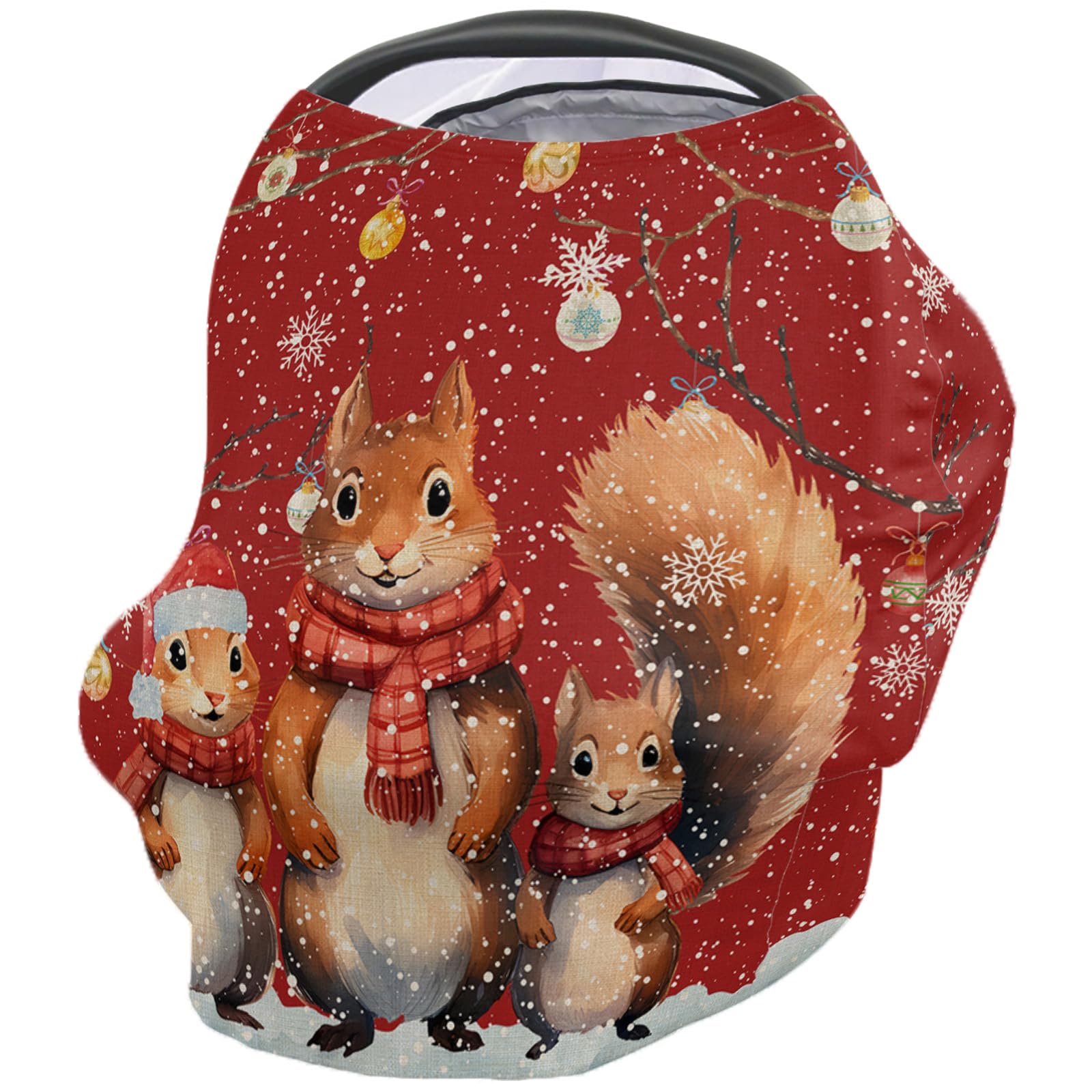 Nursing Cover for Breastfeeding Scarf, Winter Snow Xmas Cute Squirrel Family Dark Red Baby Car Covers Super Soft Multi Use for Canopy Shopping Cart Cover Blanket Stroller Cover