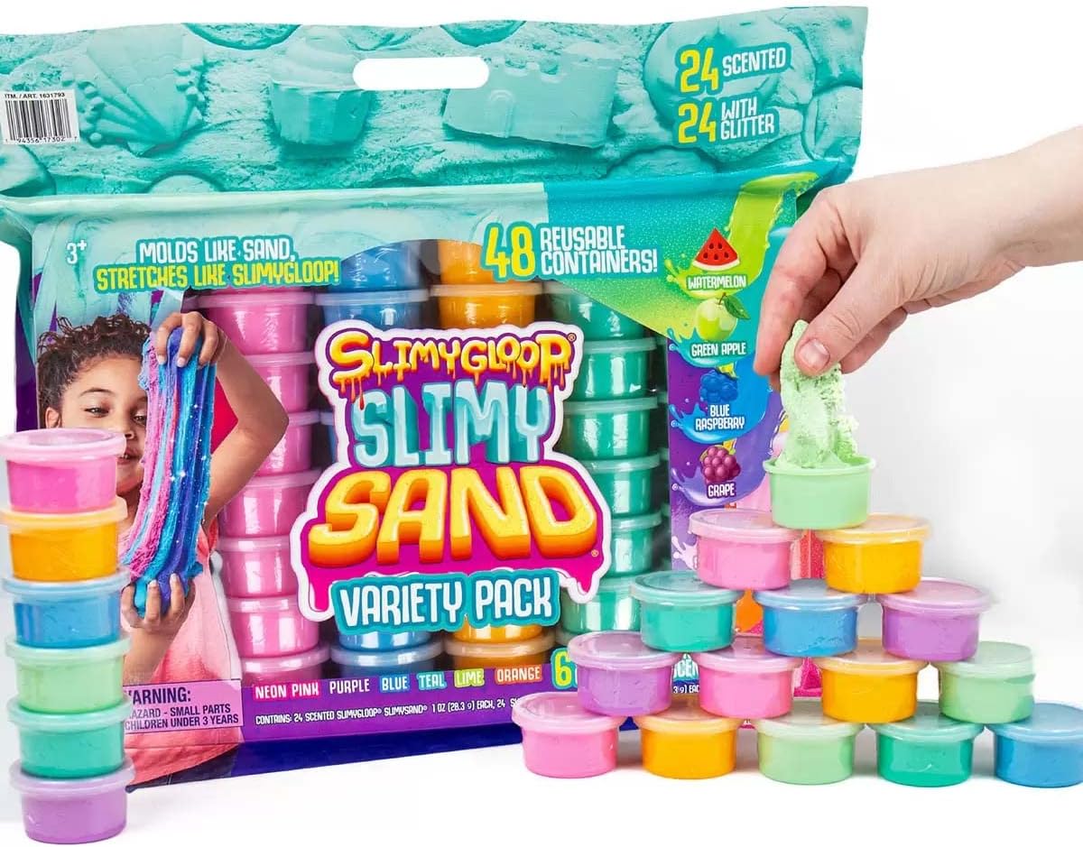 SLIMYGLOOP I Slimy Sand Variety Pack I 48 Reusable Containers I 24 Scented, 24 with Glitter I Molds Like Sand I Stretches Like SlimyGloop