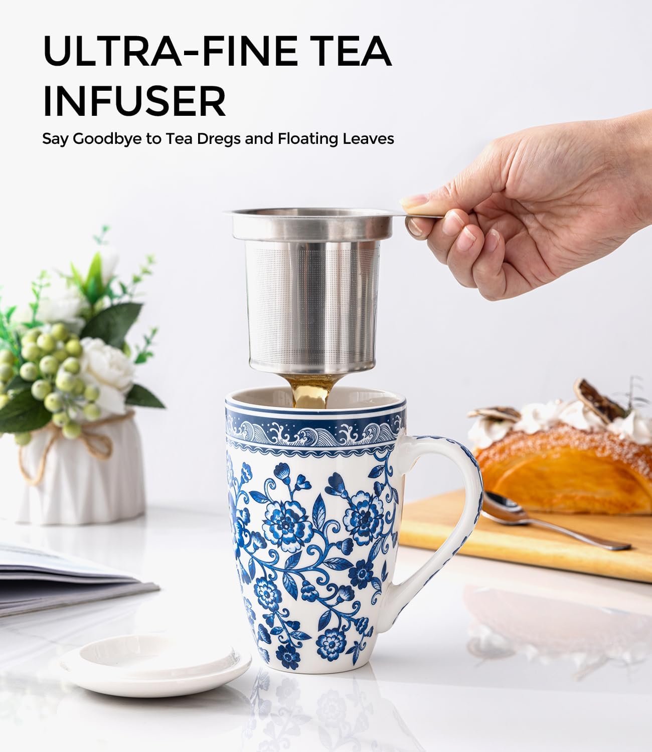 AmorArc Porcelain Tea Mug with Infuser and Lid, 18 Oz Tea Cup with Handle for Loose Leaf Tea, Gift for Tea Lovers of Men and Women - Image 3