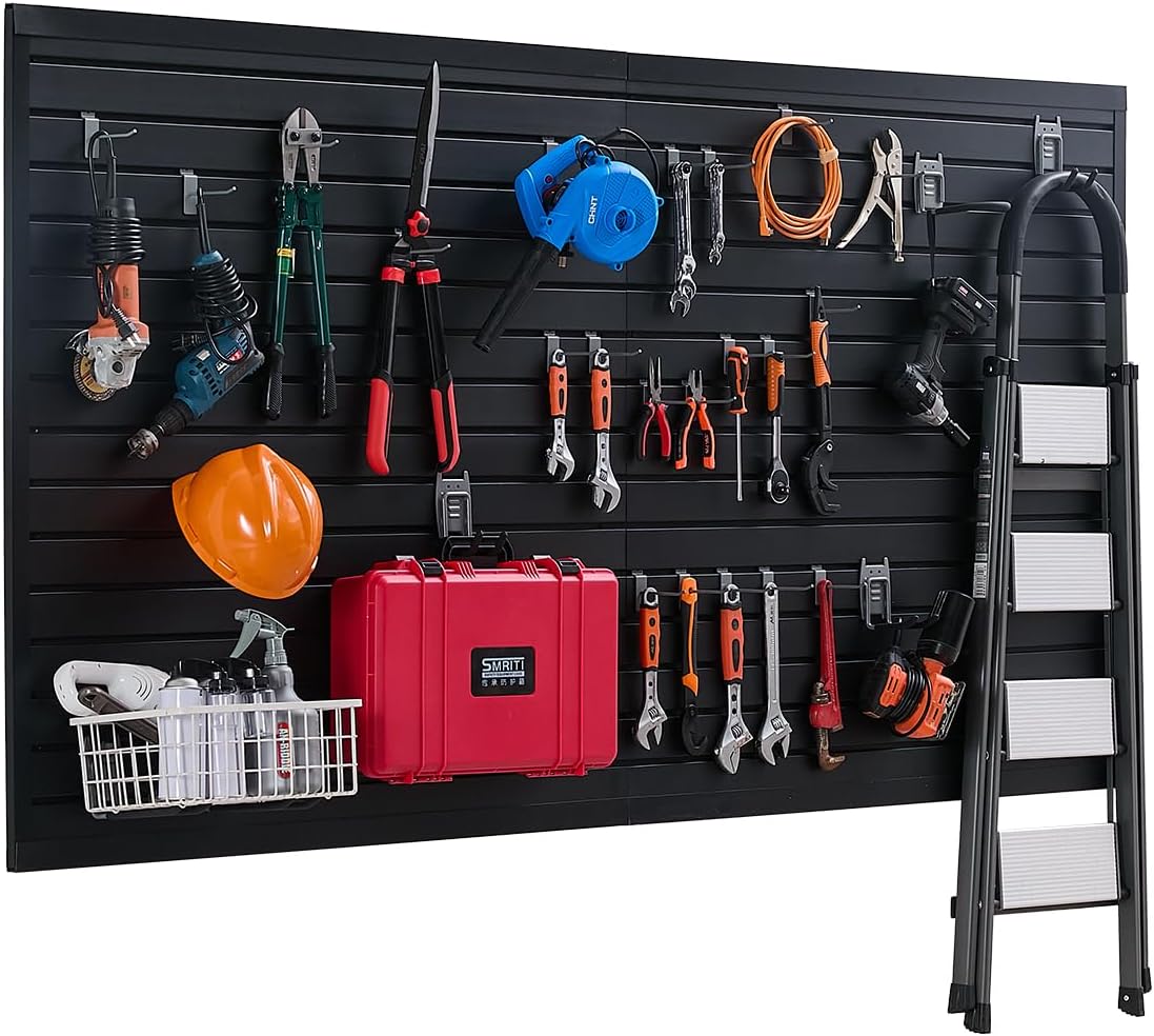 VEVOR Slat Wall Paneling, 8 x 4 ft, PVC Garage Slatwall without Accessories, Black Slat Wall Easy-to-Install Adjustable Slatwall Panel with Coupling Structure & DIY Cutting, Fits for Storage & Display No accessories Black