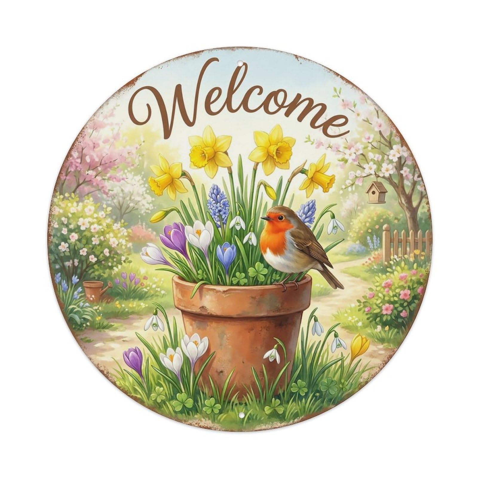Welcome Robin Spring Garden Metal Tin Sign