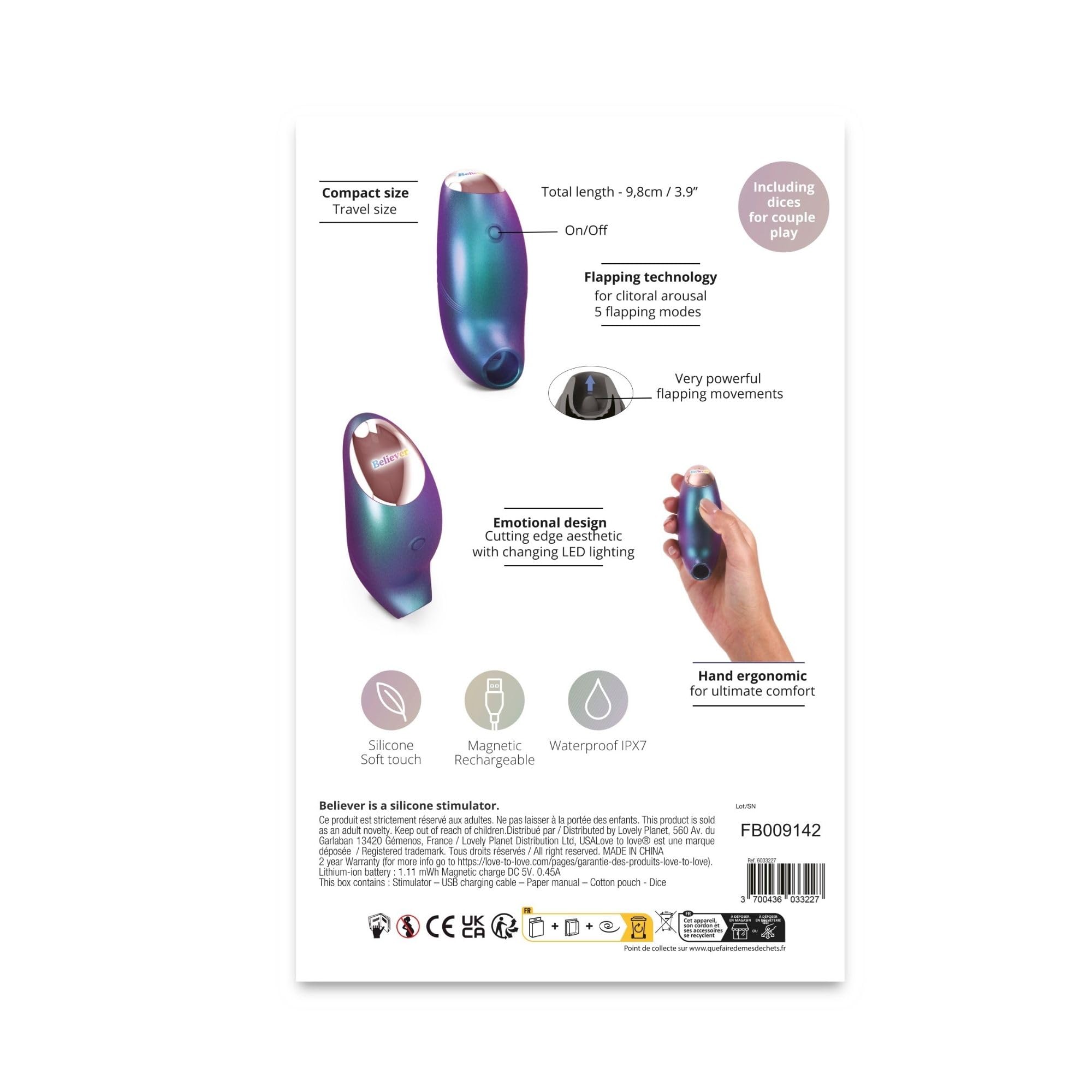 Love to Love Believer – Stimolatore clitorideo a suzione con tecnologia flapping, sex toy da donna telecomandato in silicone, ricaricabile, impermeabile IPX7, formato viaggio