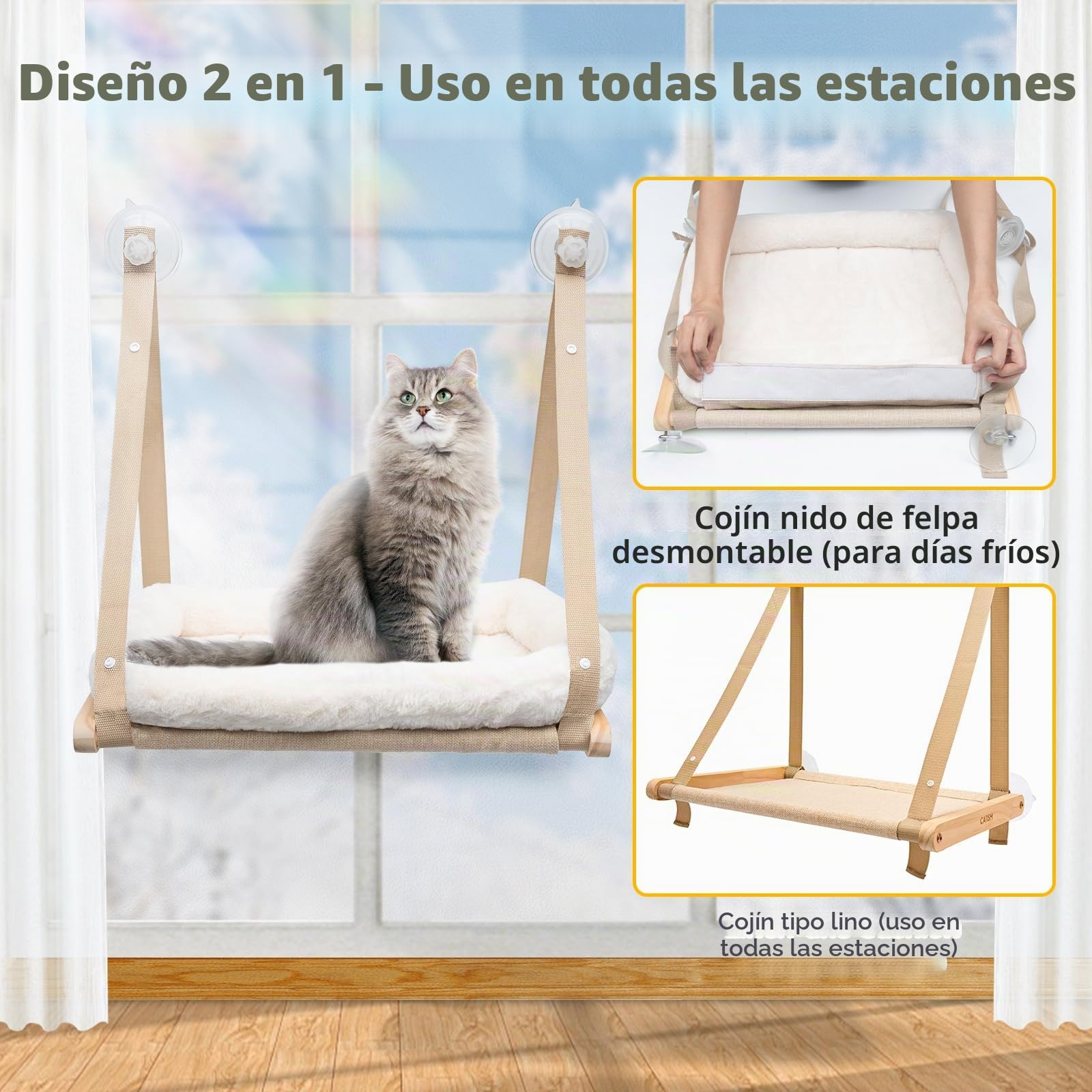 CATISM Plegable Hamaca Gato Ventana con Cojín de hasta 20kg, Hamaca para Gatos con Ventosa Fuerte, Lavable Tela Transpirable, Soporte para alféizar de Ventana, Saco de Dormir para Gatos (50x38cm)