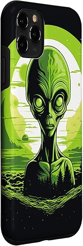 Vista 24 de iPhone 14 Pro Cute Green Alien Head UFO Space Face Alien Case