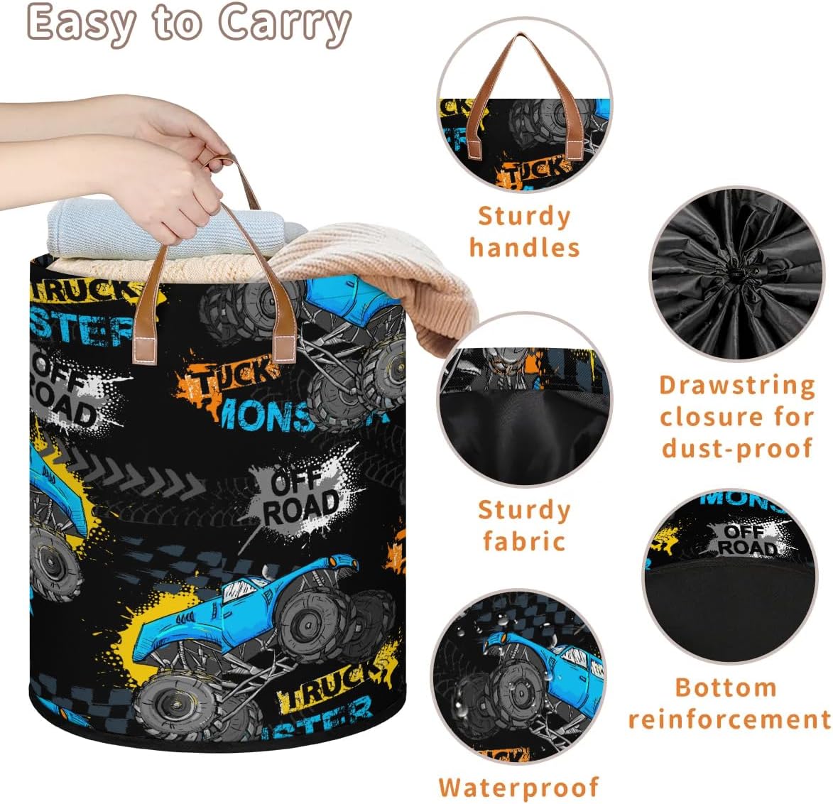 Large Laundry Hamper Basket with Lid, Blue Monster Car Trucks Round Collapsible Storage Organizer Bin for Kids Room, Boys, Nursery, Closet, Bedroom, Playroom, Toys, Dirty Clothes, 16"W x 20"H