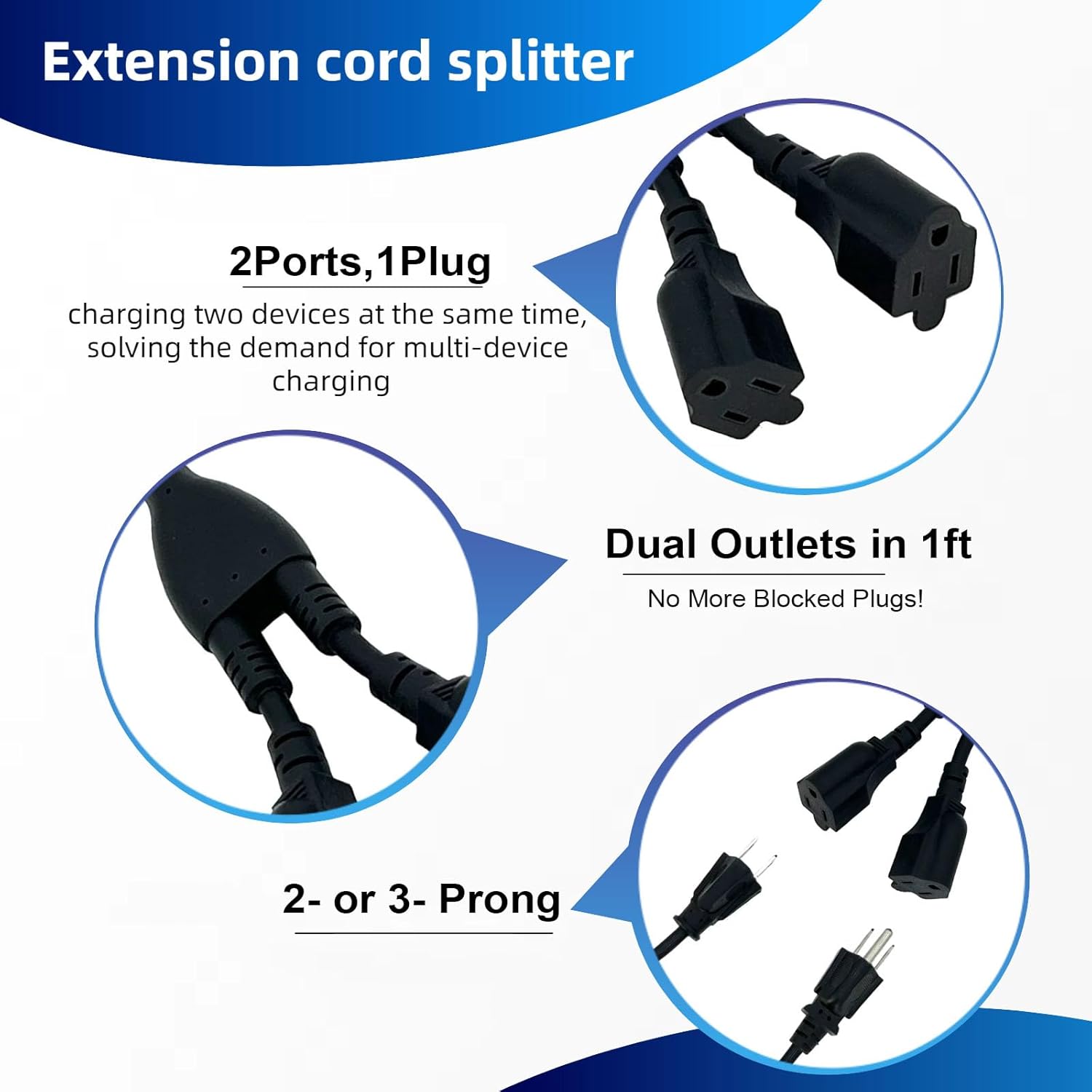 3 Prong Power Cord 1 to 2 Outlet Splitter,3-Way Power Splitter with 10A/1200W Capacity ，1FT Short Extension for Home,Kitchen, Office (Black)