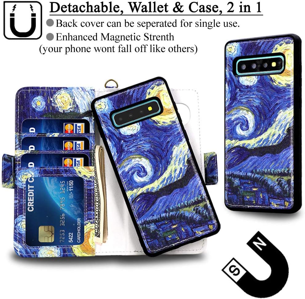 Mefon Galaxy S10 Plus Wallet Case Leather Detachable, Durable Slim, Enhanced Magnetic Closure, with Wrist Strap, Card Slot, Kickstand, Luxury Flip Folio Cases for Samsung Galaxy S10+ (Starry Night)