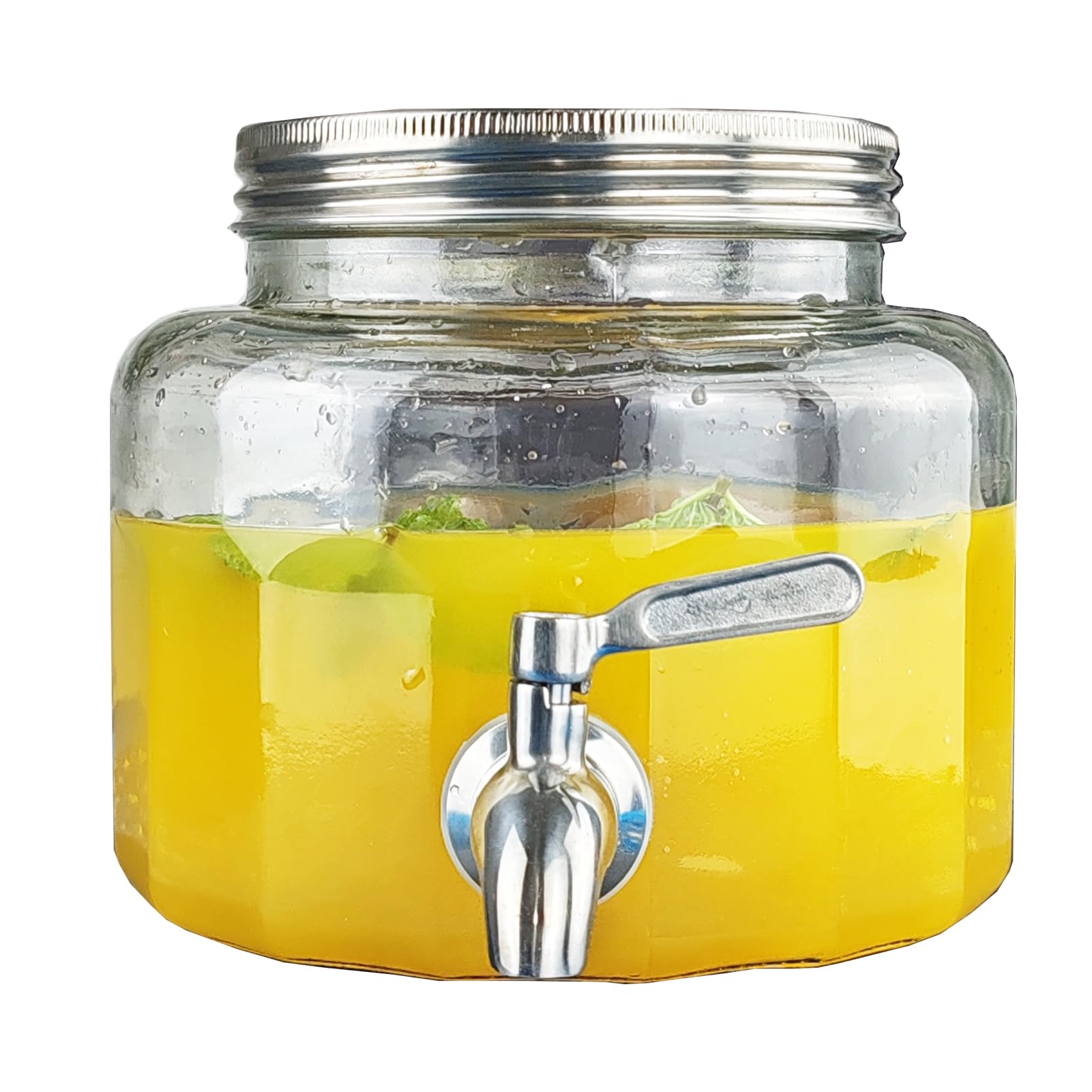 Distributeur de boisson en verre 2,8L réfrigérateur avec robinet, bec verseur et couvercle en acier inoxydable 304, récipient en verre pour eau, jus, lait, petite boisson froide, rond