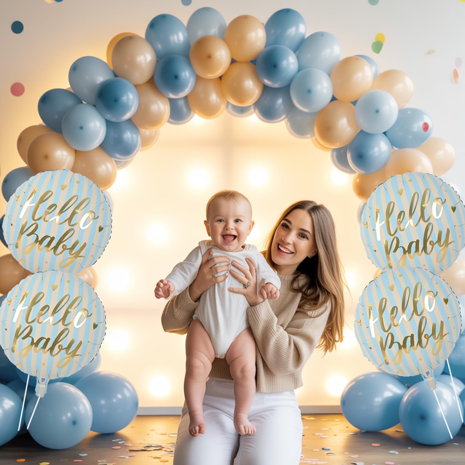 18" Gender Reveal Foil Balloons, 4pcs Blue Stripes Mylar Round Baby Balloon with HELLO BABY Gold Letter Print - Image 3