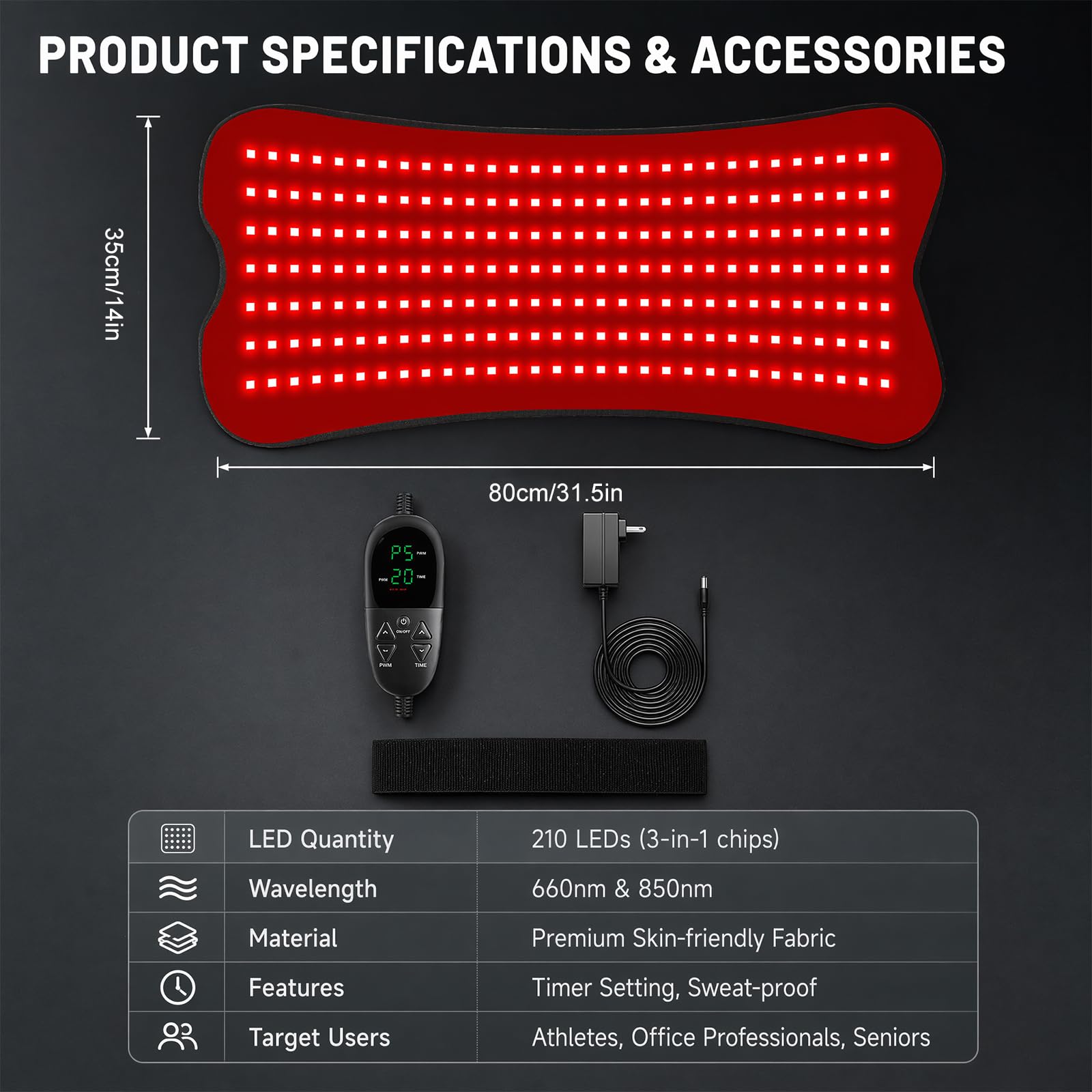 Esterilla de luz roja para terapia corporal, 210 ledes con 660 nm de luz roja y 850 nm infrarrojo cercano, 80 x 35 cm, 5 ajustes de brillo y tiempo para espalda, piernas, cintura y hombros