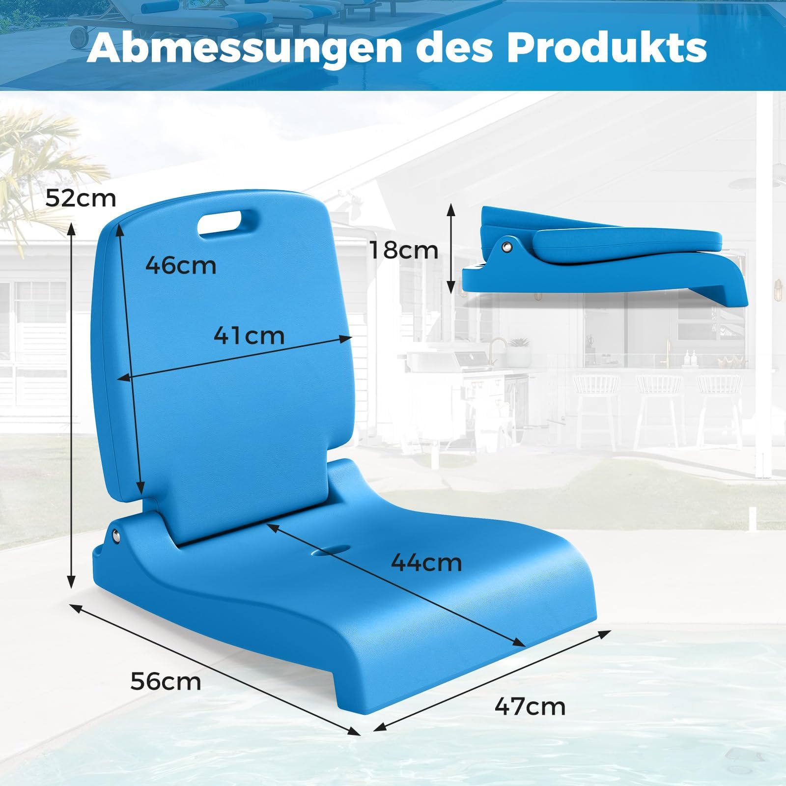 FANTASK Siège pliable portable avec poignée, support dorsal et trou de drainage, chaise de sol pour piscine, camping, pique-nique, stade (bleu)