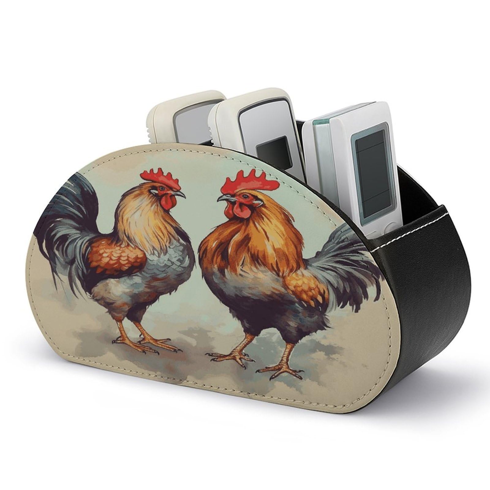 LDGSUPH Rooster And Hen Remote Control Holder with 5 Compartments PU Leather TV Remote Caddy Storage Box Multi-functional Desk Storage Organizer Box Anti-slip Desktop Caddy