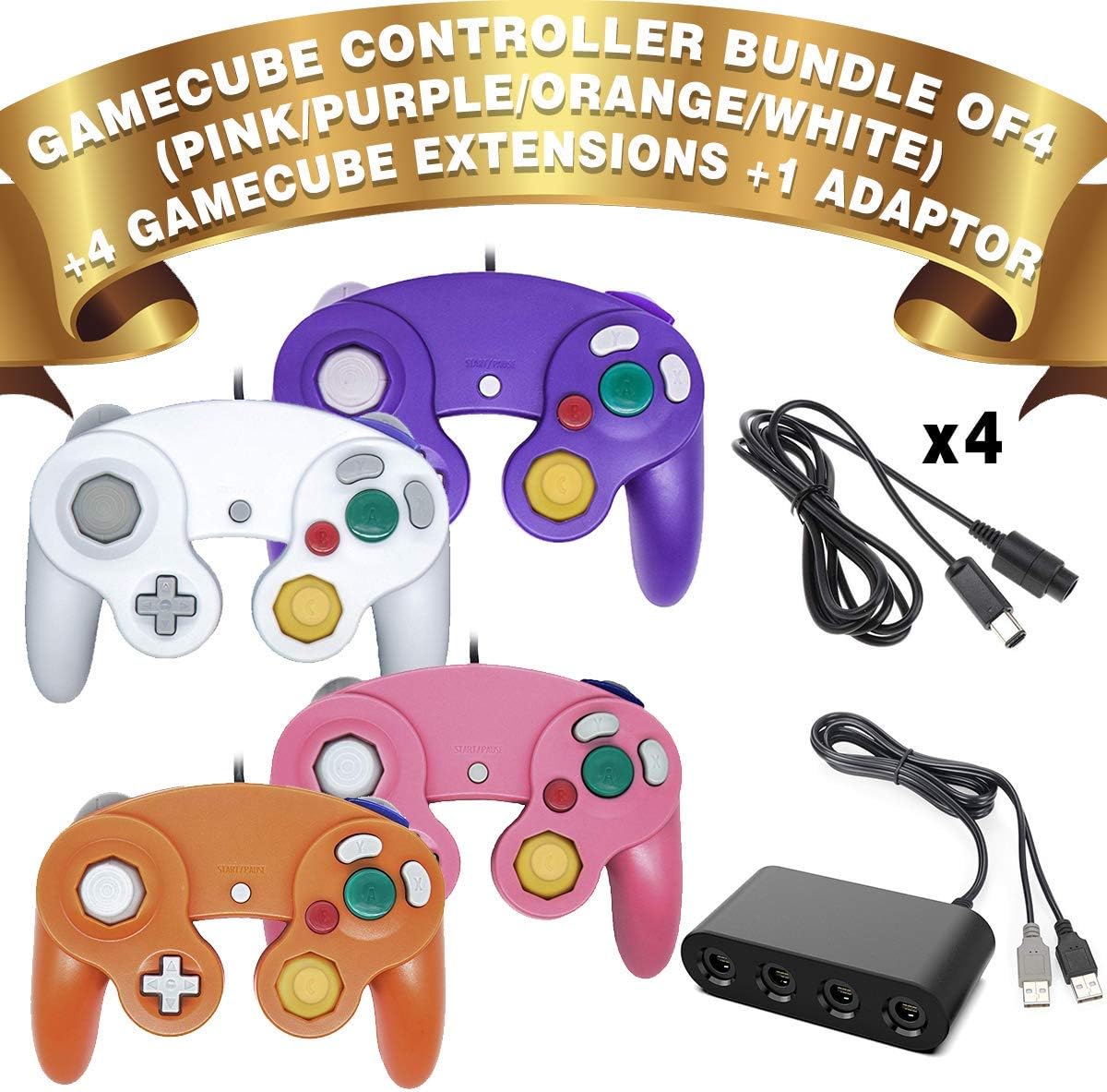 4 Controllers for Gamecube，with 4 Extension Cables and 4-Port USB Adapter for Switch PC Wii U Console (Package 4)