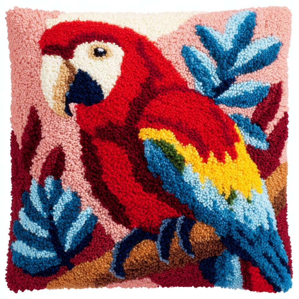 Taxpy Latch Hook Kits, Parrot on a Branch Pillow Cover DIY Cushion Cross Stitch Crochet Hook Pillowcase Making Kits Preprinted Pattern Canvas Cushion 17x17inch