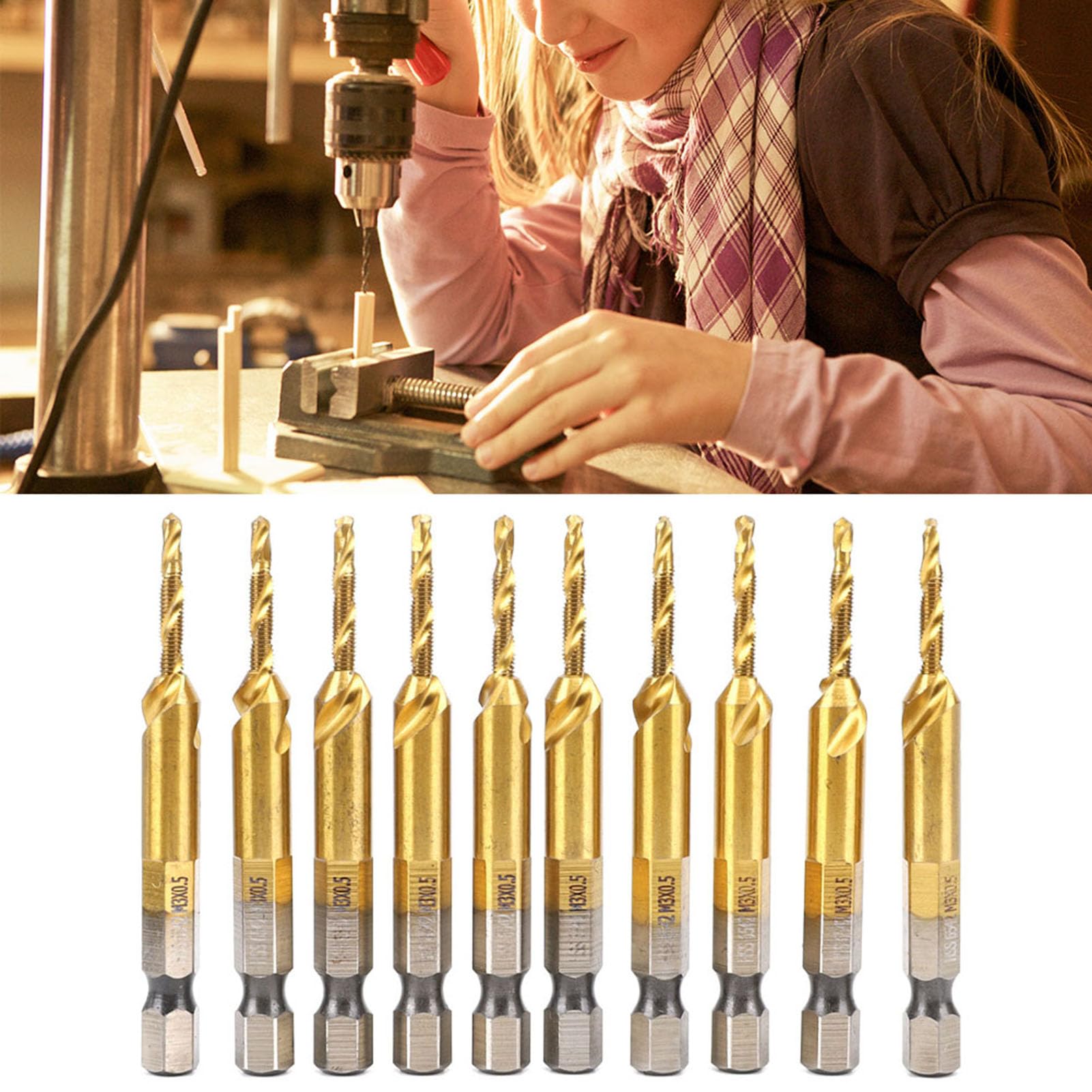 10 Punte da Trapano per Maschi HSS con Codolo Esagonale Rivestite in Titanio per Strumento di Maschiatura Efficiente, Design con Scanalatura a Spirale Migliore Rimozione dei Trucioli,