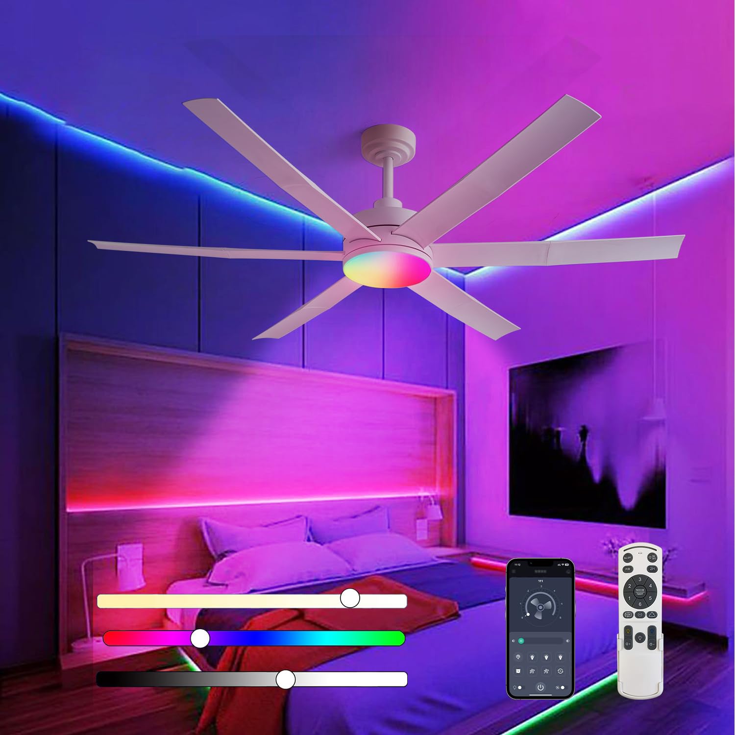 Photo 1 of FKZNPJ 60" Smart Ceiling Fan with RGB Chasing Lights – Quiet DC Motor with Sectional Blades Dimmable CCT via App & Remote Control, Fits Flat or Sloped Ceiling Mount for Large Living Rooms, White