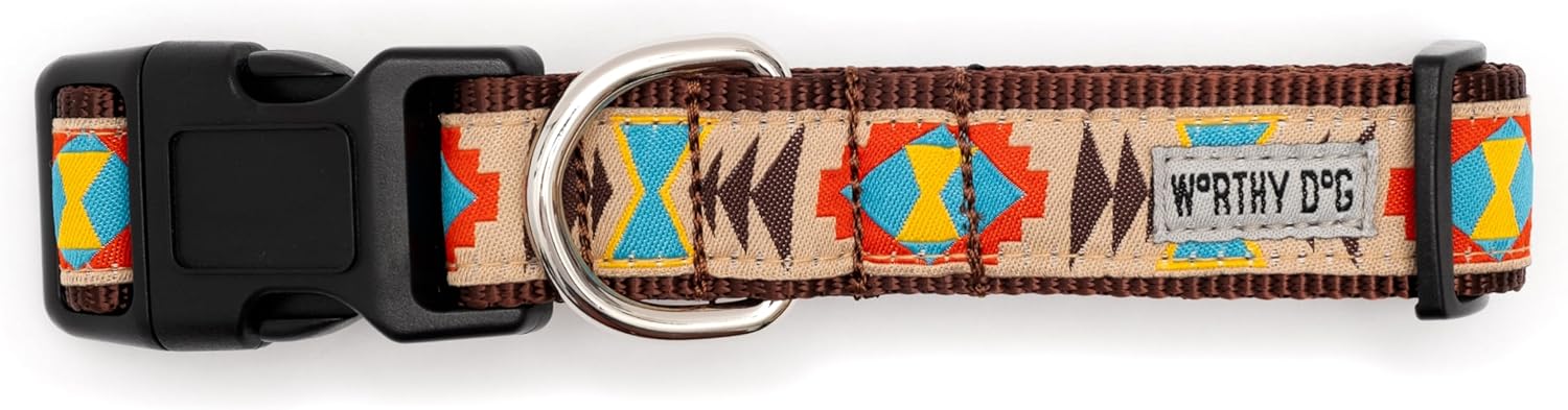 THE WORTHY DOG Collar for Medium Dogs, Adjusts 12-18 inches, Durable Nylon Webbing, Quick Release Buckle, Santa Fe Pattern, Tan, Medium