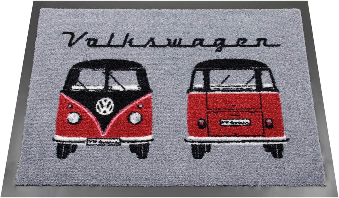 BRISA VW Collection - Volkswagen Foot Mat Doormat Rug Shoe Dirt Trapper with Beetle, T1, T2, T3 Bus, GTI Motif (T1 Bus//Black & Red)