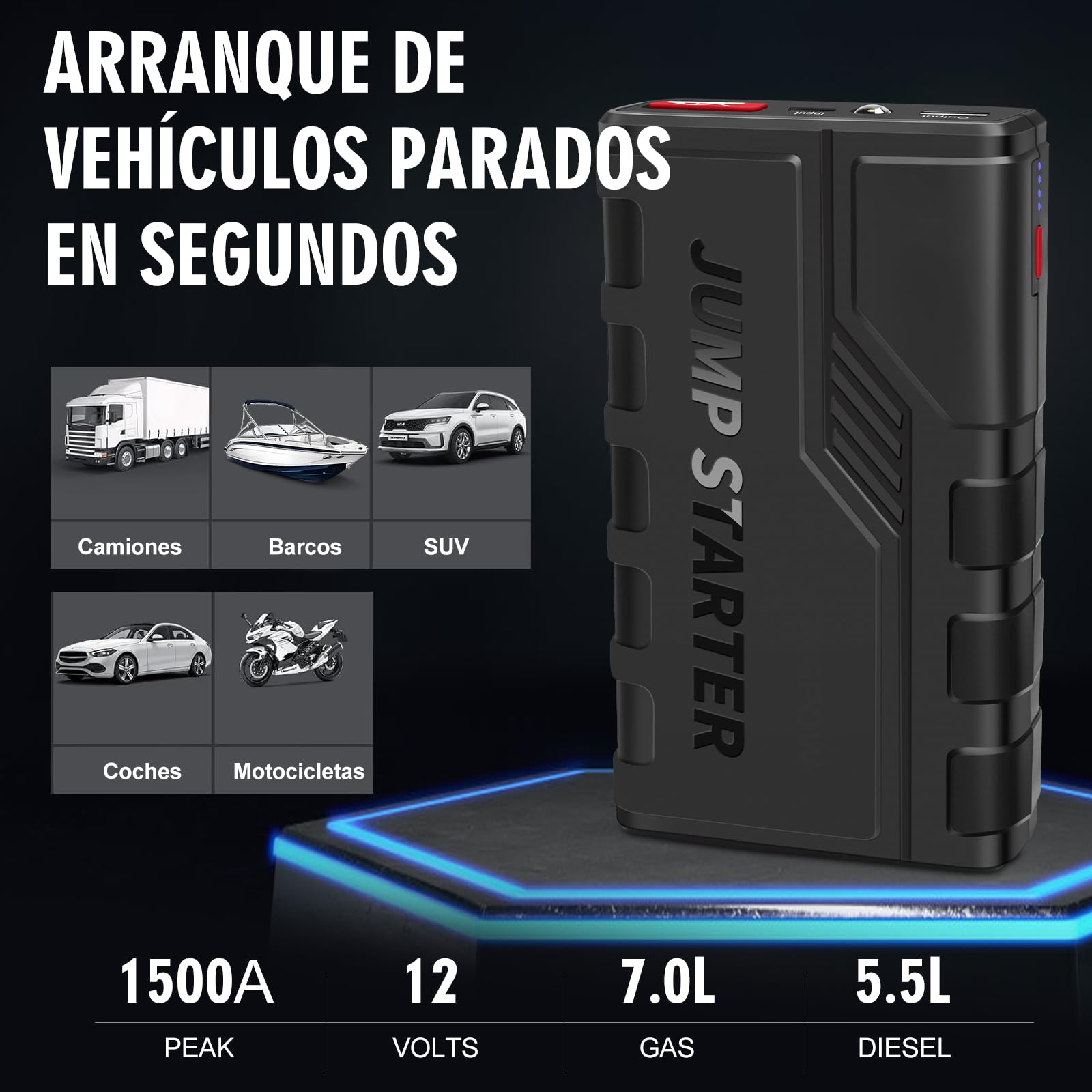 Arrancador de Baterias de Coche,1500 A Arrancador de Coches Portatil para Motor 7.0 L Gasolina o 5.5 L Diesel con Pinzas Bateria Coche, 12 V Booster con Carga rápida USB y Linterna LED de Emergencia