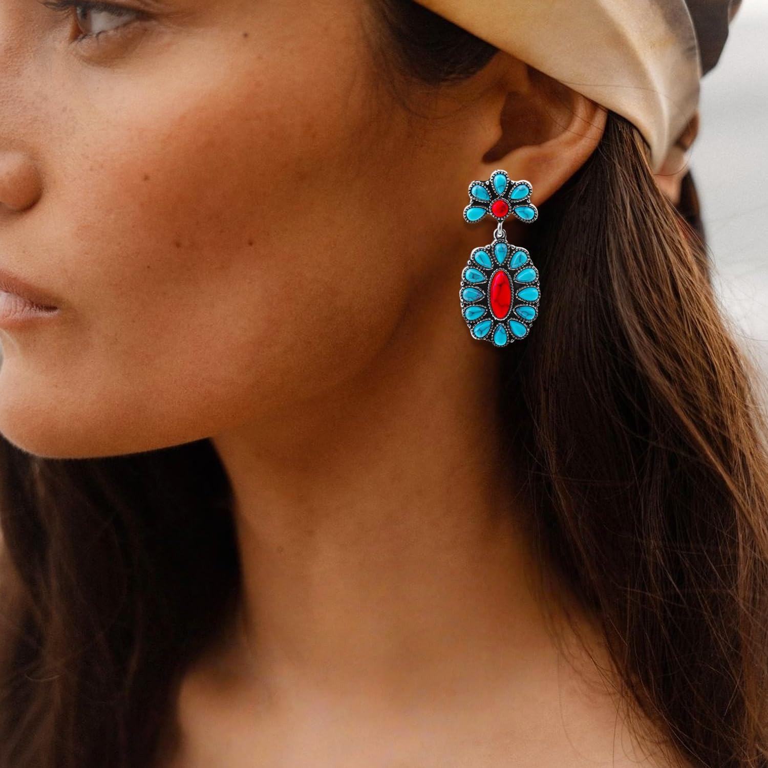 Turquoise Dangle Earrings for Women, Native American Western Large Bohemian Boho Drop Gemstone Vintage Earrings - Image 5