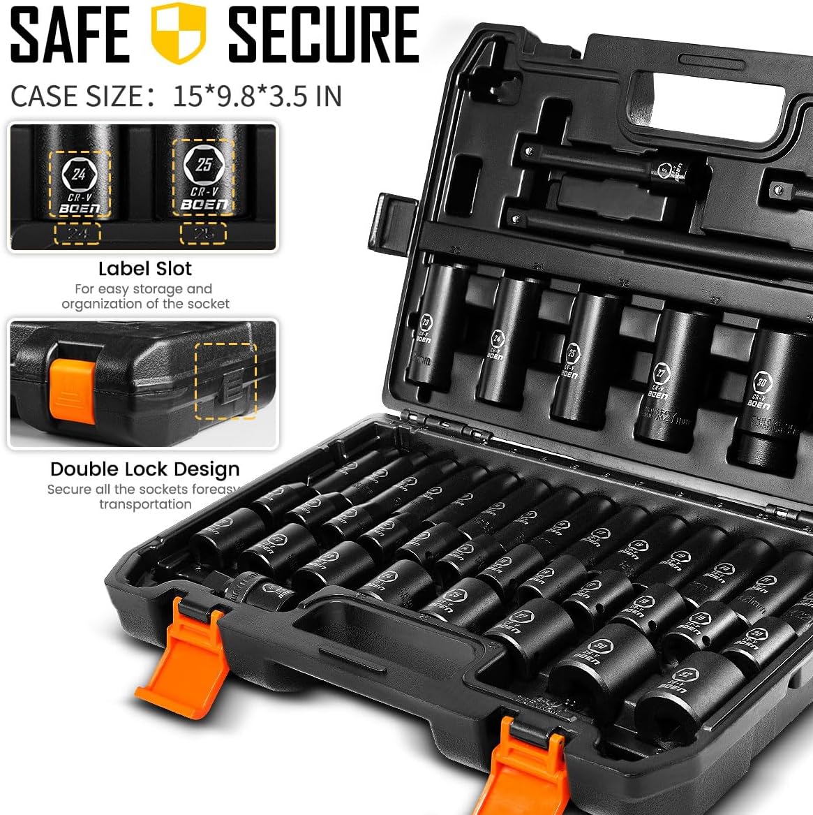 boen 45PCS 1/2” Drive Metric Socket Set, Impact Deep& Shollow Socket(9mm-32mm), 6 Point Lug Nut for Auto Repair with Portable Case, CR-V Steel - Image 6
