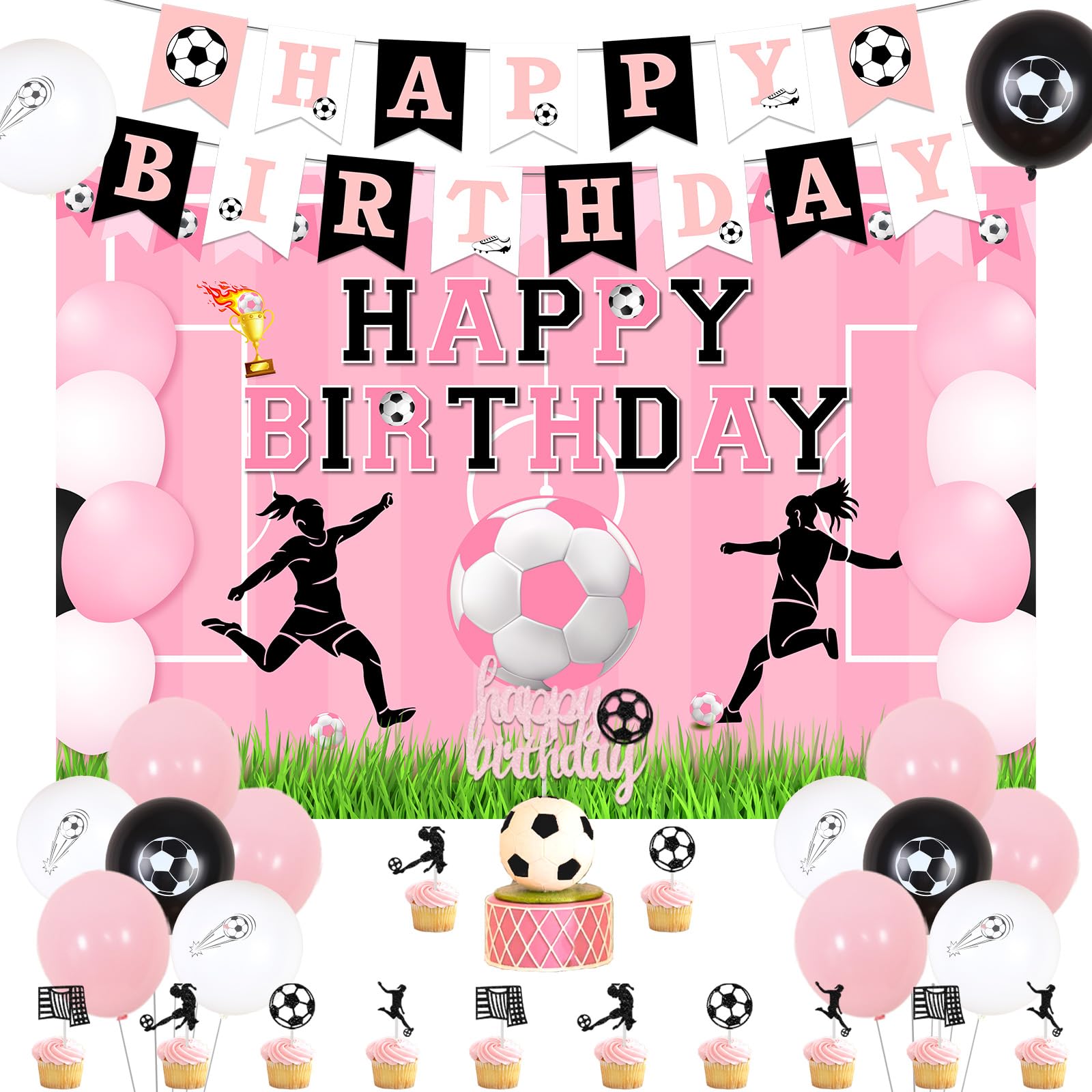 Soccer Happy Birthday Decorations for Girls, Black and Pink Balloons, Pink Soccer Happy Birthday Backdrop Banner, Soccer Cake Cupcake Toppers Foil