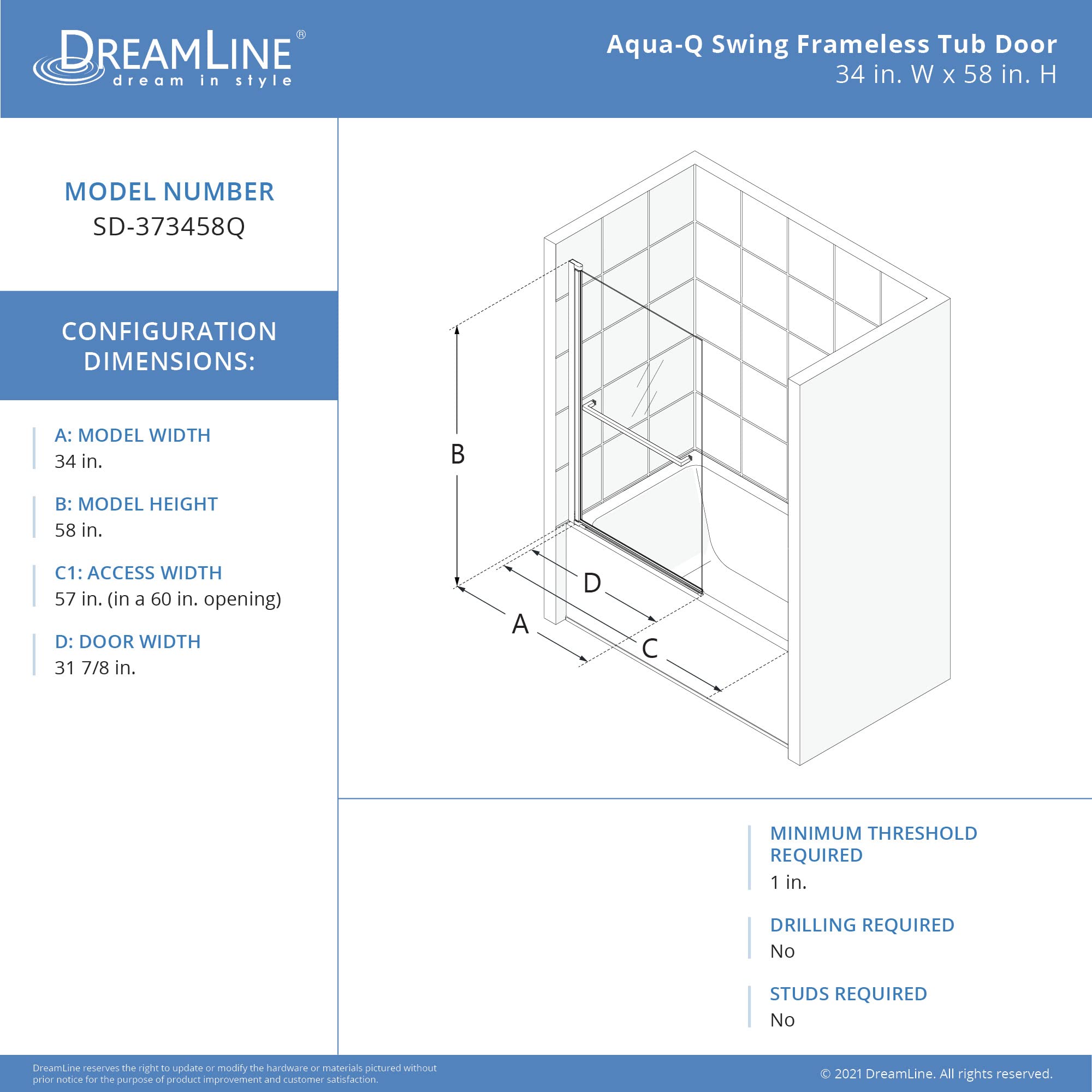 DreamLine Aqua-Q Swing 34 inch W x 58 inch H Frameless Swing Tub
