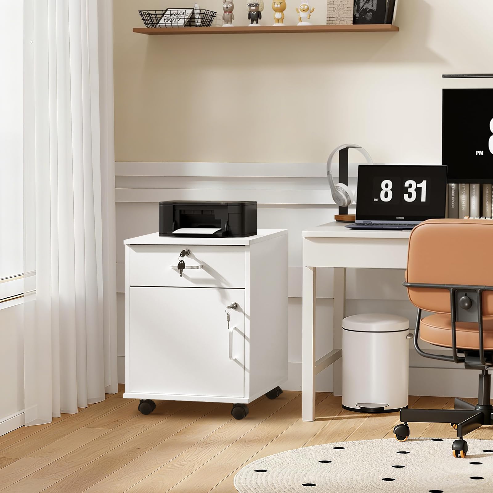TUKAILAI Rollcontainer, Rollcontainer Abschließbar, Aktenschrank mit Schubladen, Büroschrank mit Rollen, Drucker Ablagefächer für Büromöbel 40x40x57 cm, Weiß