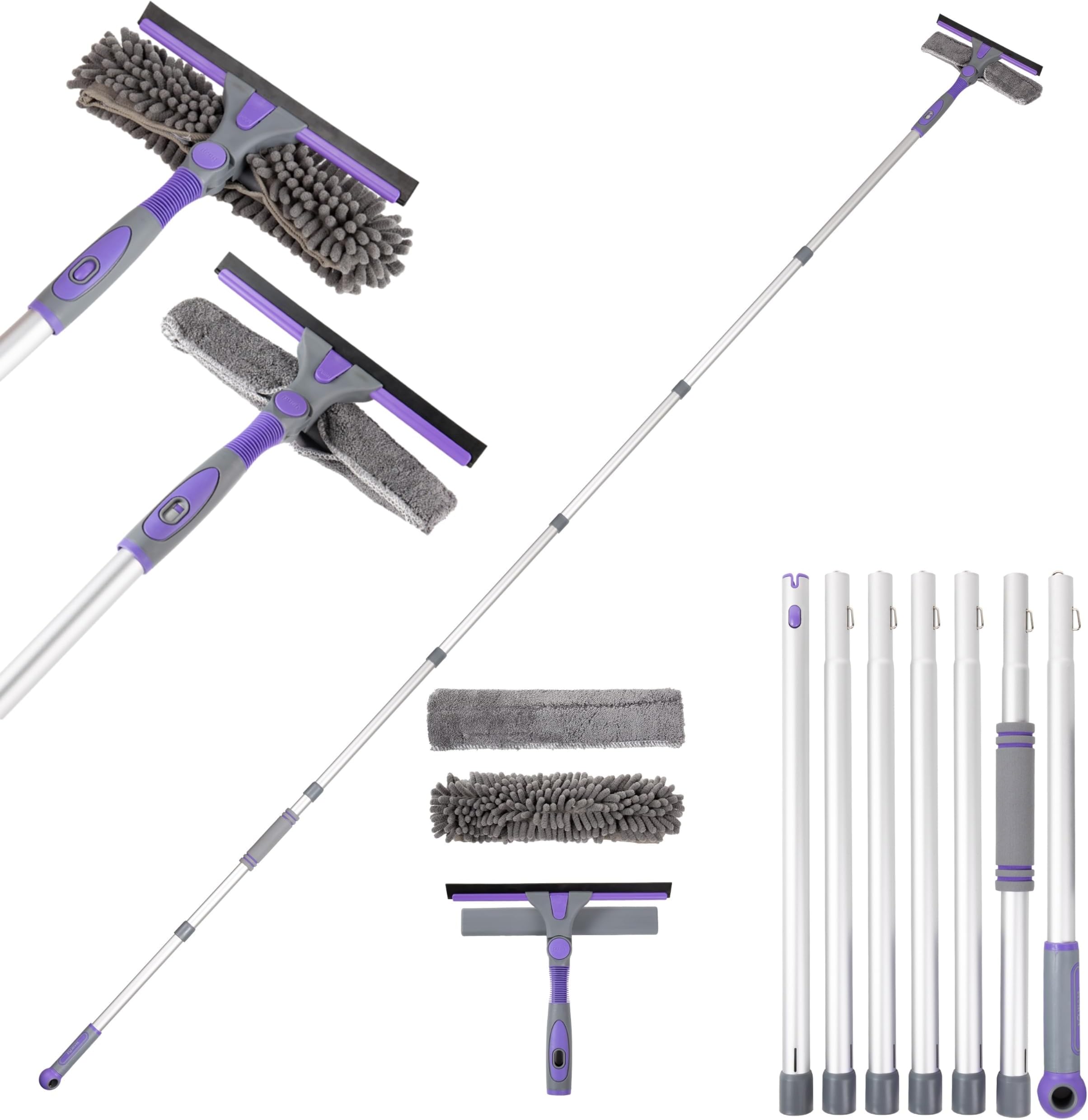 Window Squeegee Cleaning Equipment Kit, Long Handle Extendable Telescopic Glass Cleaner Brush with 7 Extension Pole - 105 inch, Bendable Head Scraper & Scrubber Tool