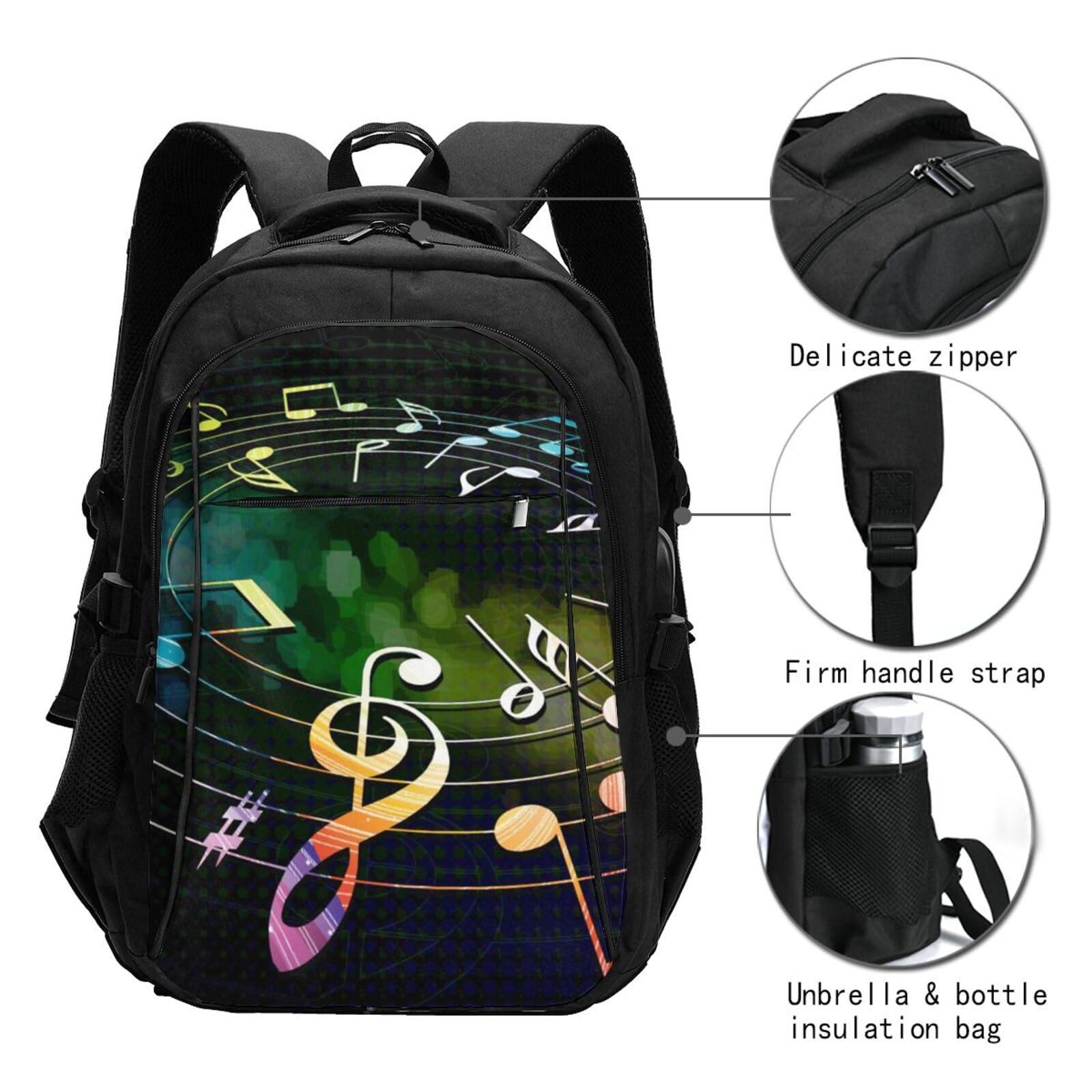 InOmak Bunte Musiknoten, Reiserucksack, Freizeitrucksack, Schulrucksack, Laptop-Rucksack für Damen und Herren