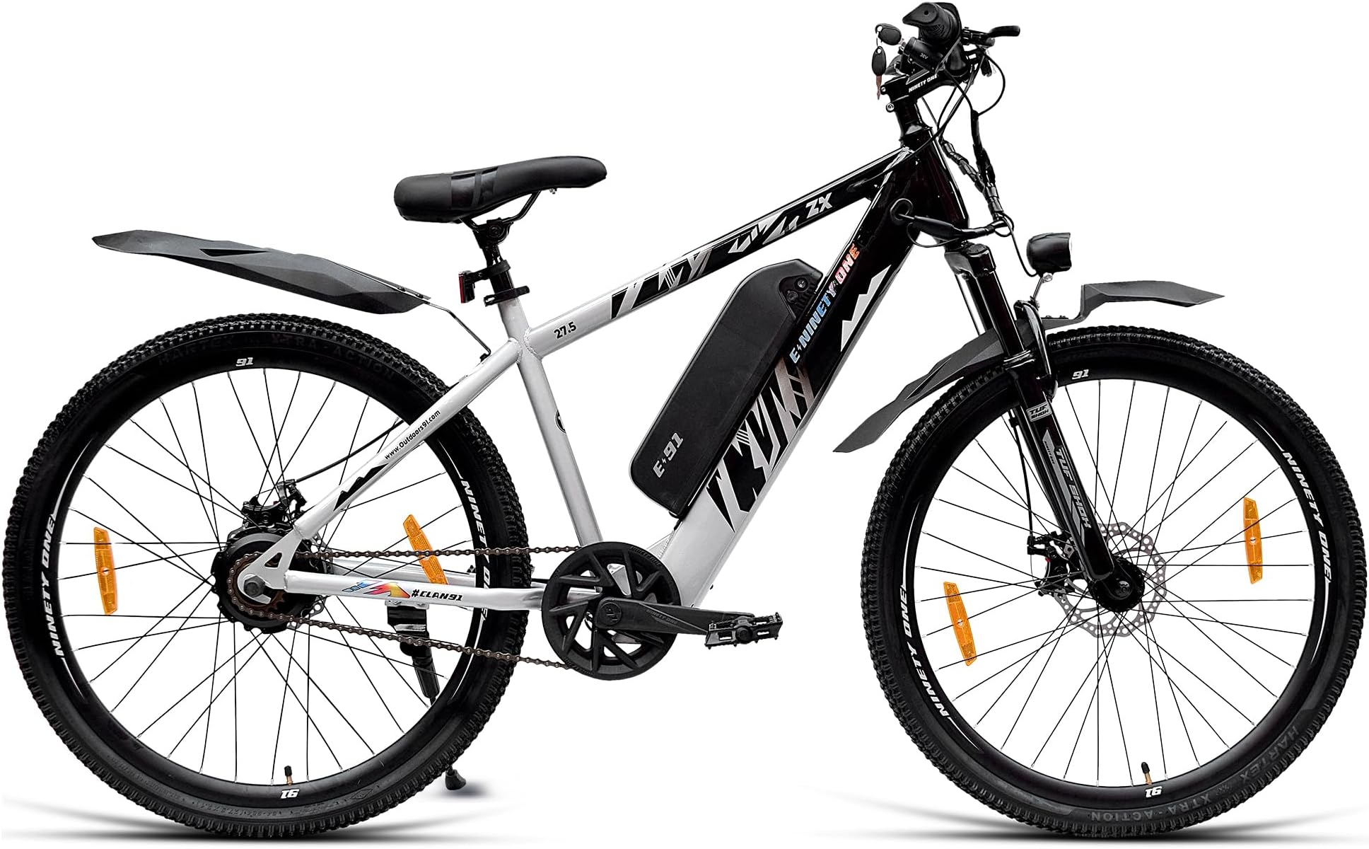 NINETY ONE ZX | Electric Cycle | 10.4Ah Battery | 27.5T | 91 Tuf Shox Front Suspension 80Mm Travel | 250 Watt IP65 BLDC Motor | 85% Pre-Assembled | 2 Years Battery Warranty | Black Grey, Youth