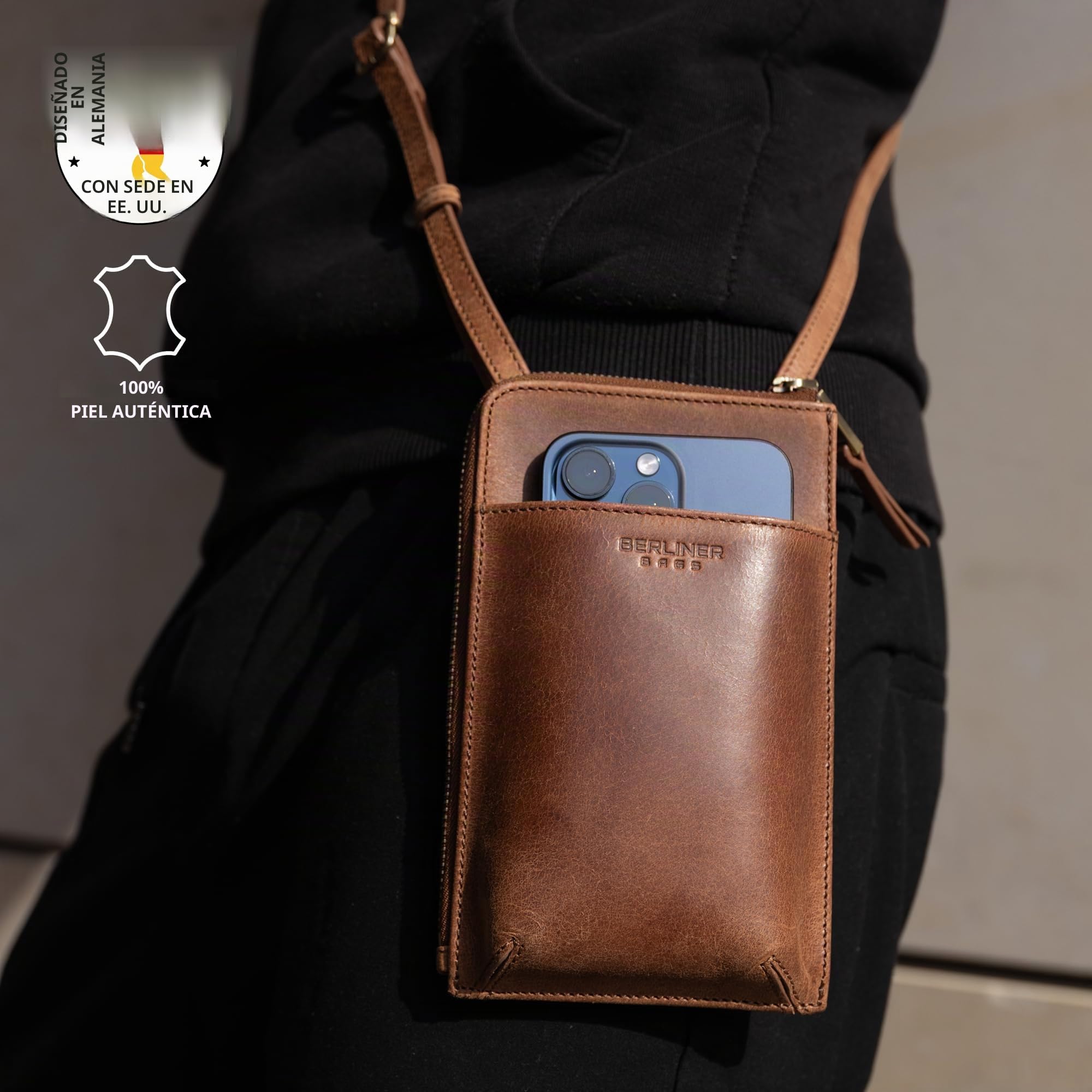 Berliner Bags Kim Bolso Bandolera de Piel Auténtica con Compartimento para Móvil y Tarjetas para Mujer y Hombre, Pequeño, Elegante y Práctico