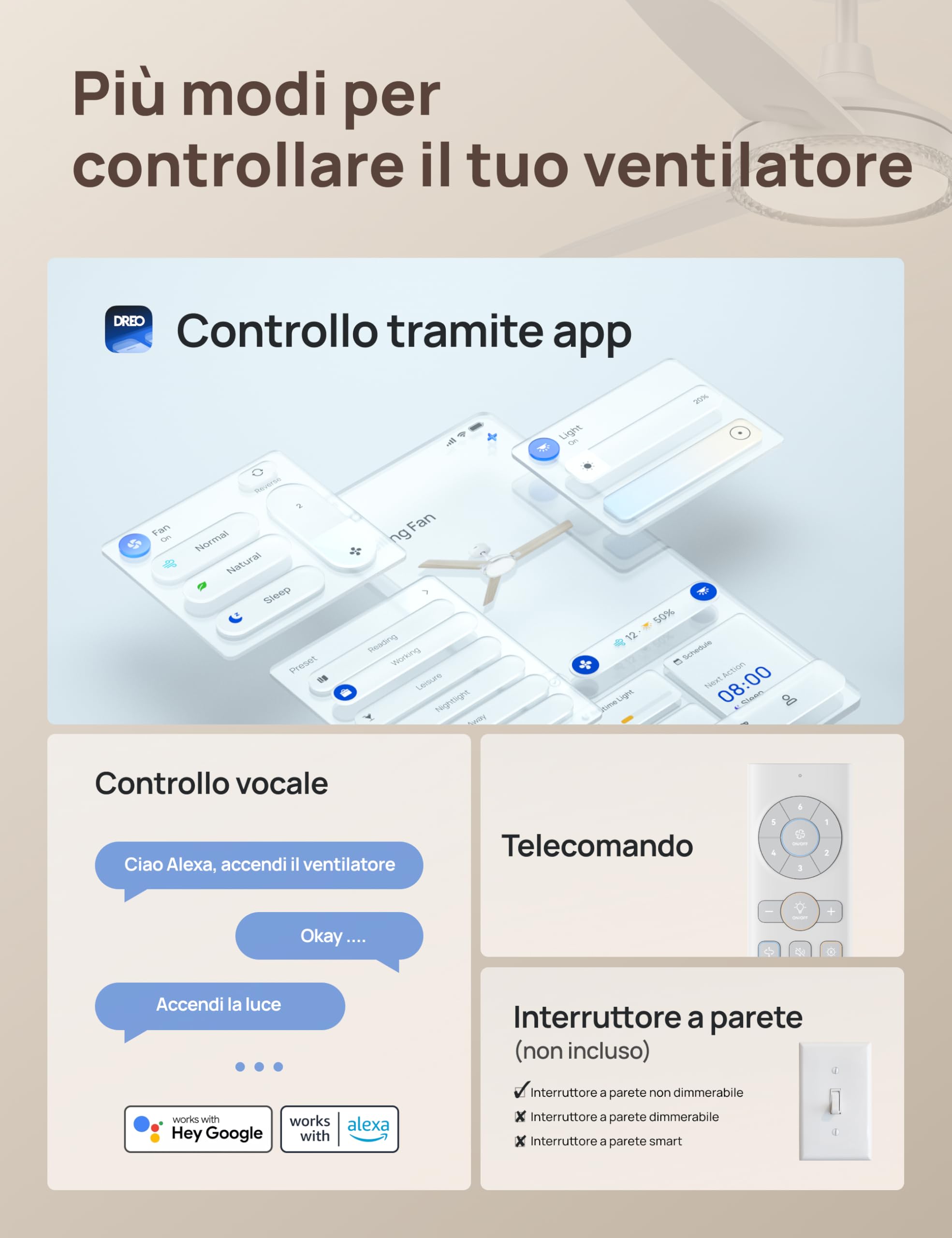 DREO ventilatore da soffitto smart 132 cm con luce, 12 velocità e 3 modalità, temperatura regolabile, LED dimmerabile, timer 1–12 h, motore CC silenzioso, app, Alexa e interruttore, bianco