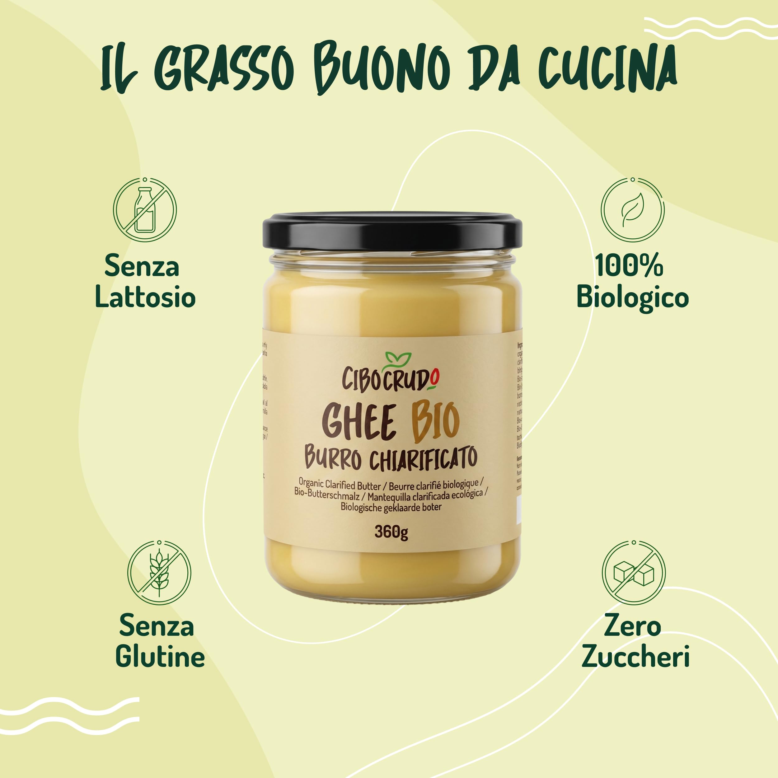 CiboCrudo Ghee Biologico 360g | Burro Chiarificato Biologico Certificato EU | Senza Lattosio | Burro Ghee Puro | Non-GMO | Alta Digeribilità | Senza Additivi