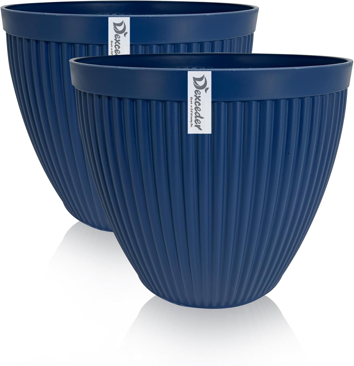 Dexceder 17x14 Striped Floor Standing Flower Plant Cone Pot with Drainage Hole & Removable Plug (2 Pack, Deep Blue)
