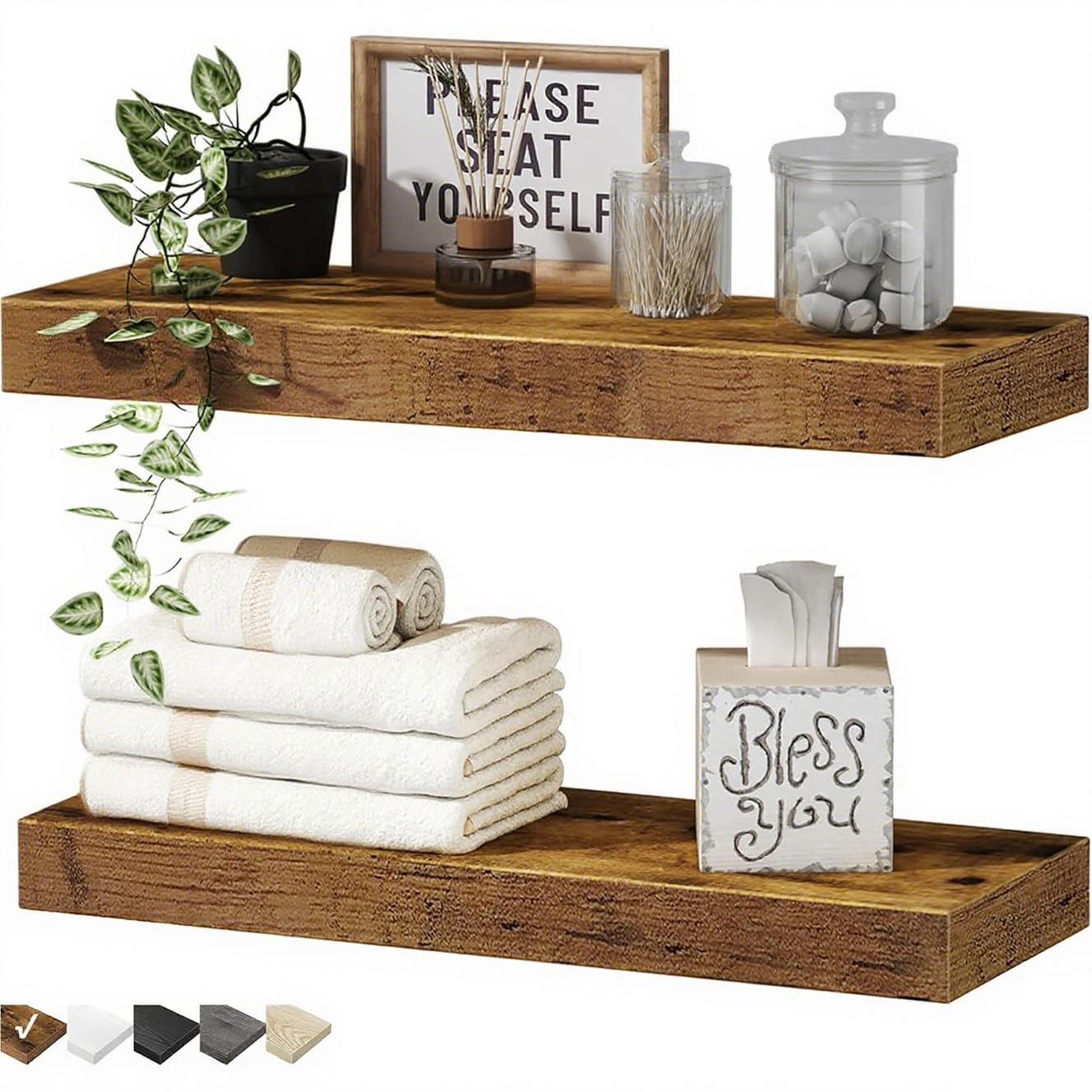 Floating Bathroom Shelves, Wall-Mounted Rustic Brown Shelves, Farmhouse Display Shelving for Over Toilet Storage, Waterproof Home Decor Organizer, 40x15x1.5cm Set of 2