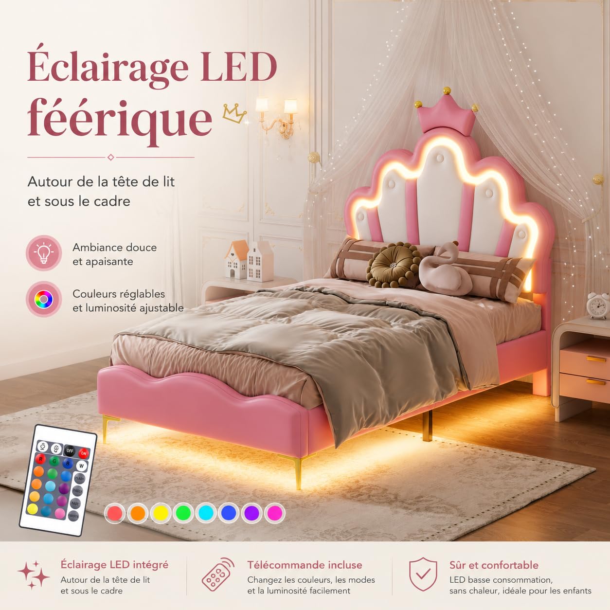 Cama Princesa 90 x 200 con LED, Cama Infantil Acolchada con cabecera Ajustable, PU, sin colchón, Rosa