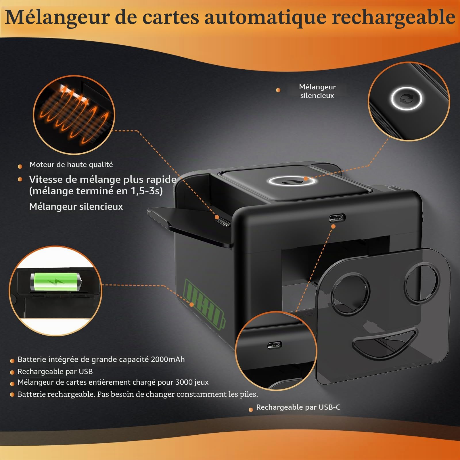 M5 Mélangeur de Cartes Automatique Rechargeable 1 à 2 Jeux - Silencieux Mélangeur de Carte électrique pour UNO Skyjo Romme PILI, Portable Smart Card Mixer avec Palette