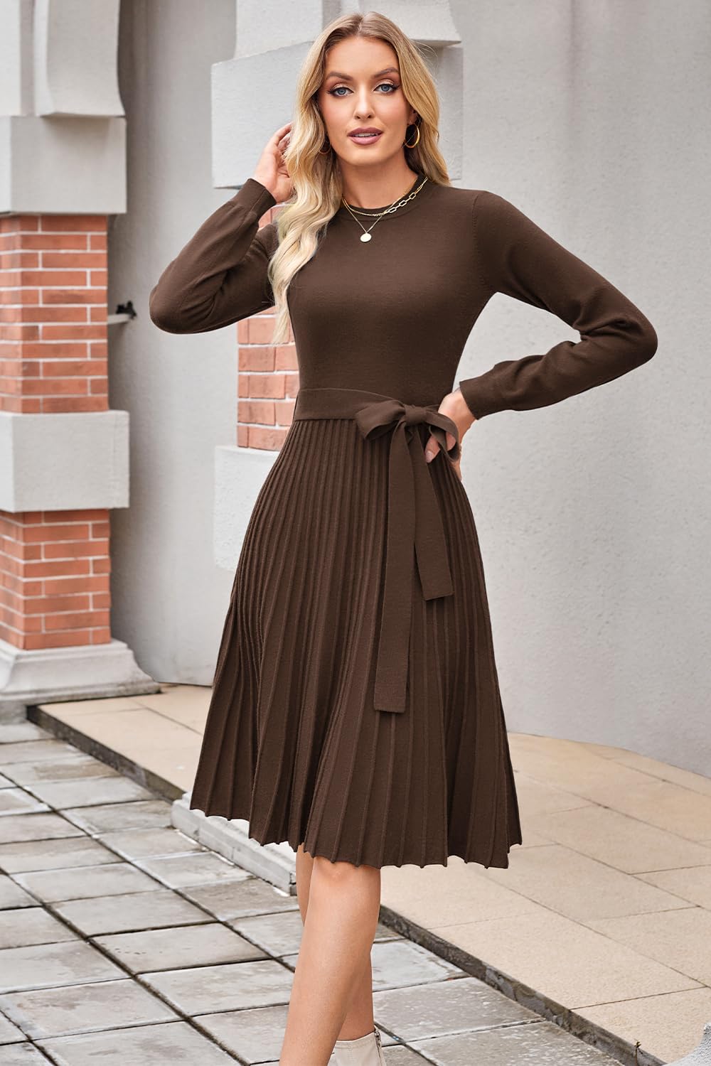 Arach&Cloz Strickkleid Damen Herbst Plissee Langarm Winterkleider Rundhals Casual Herbstkleid Pulloverkleid