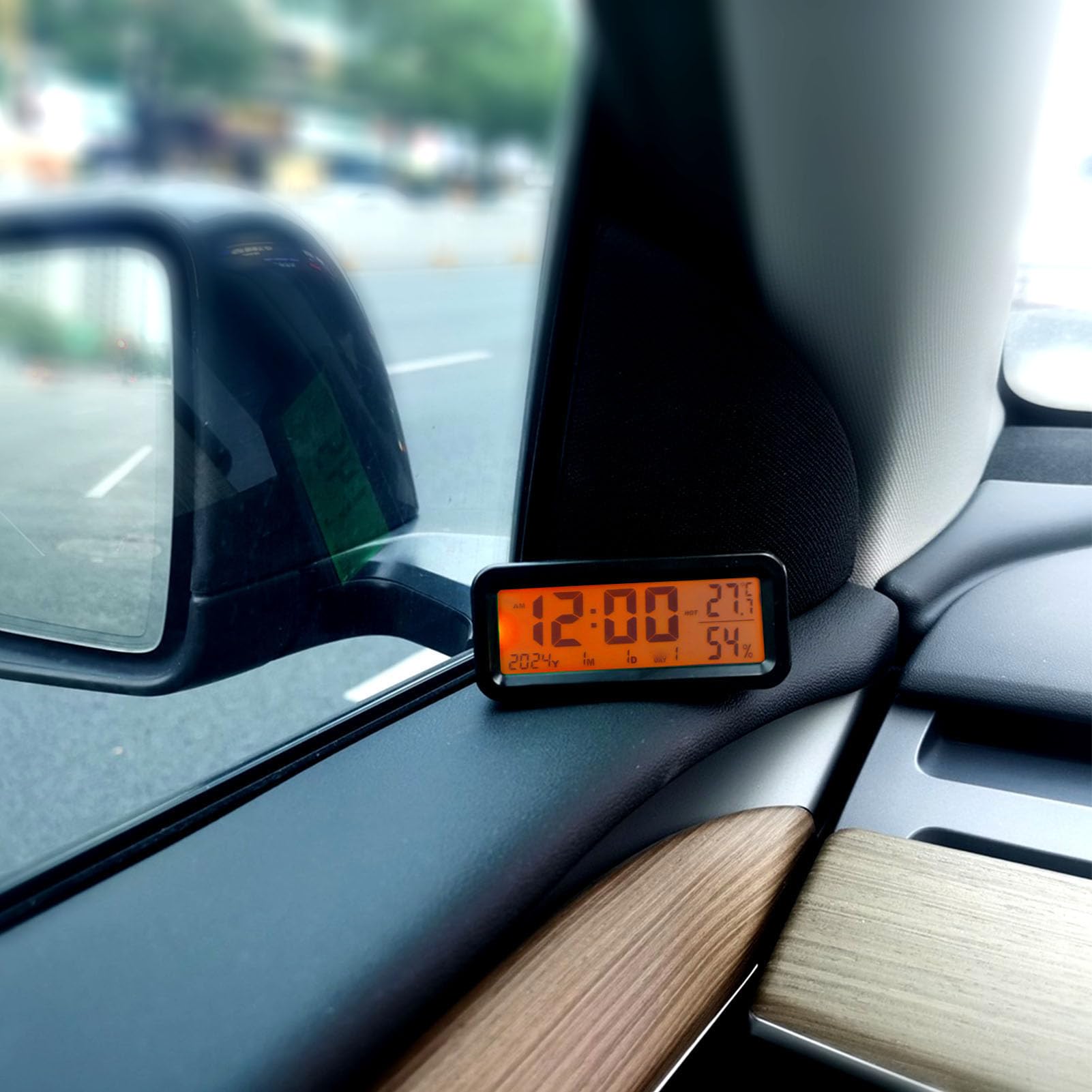 FTVOGUE Orologio per Auto Luminose con Display Digitale di Grandi Dimensioni, Calendario Orologio Cruscotto Elettronico a Energia Solare, Display di umidità della Temperatura per Auto,