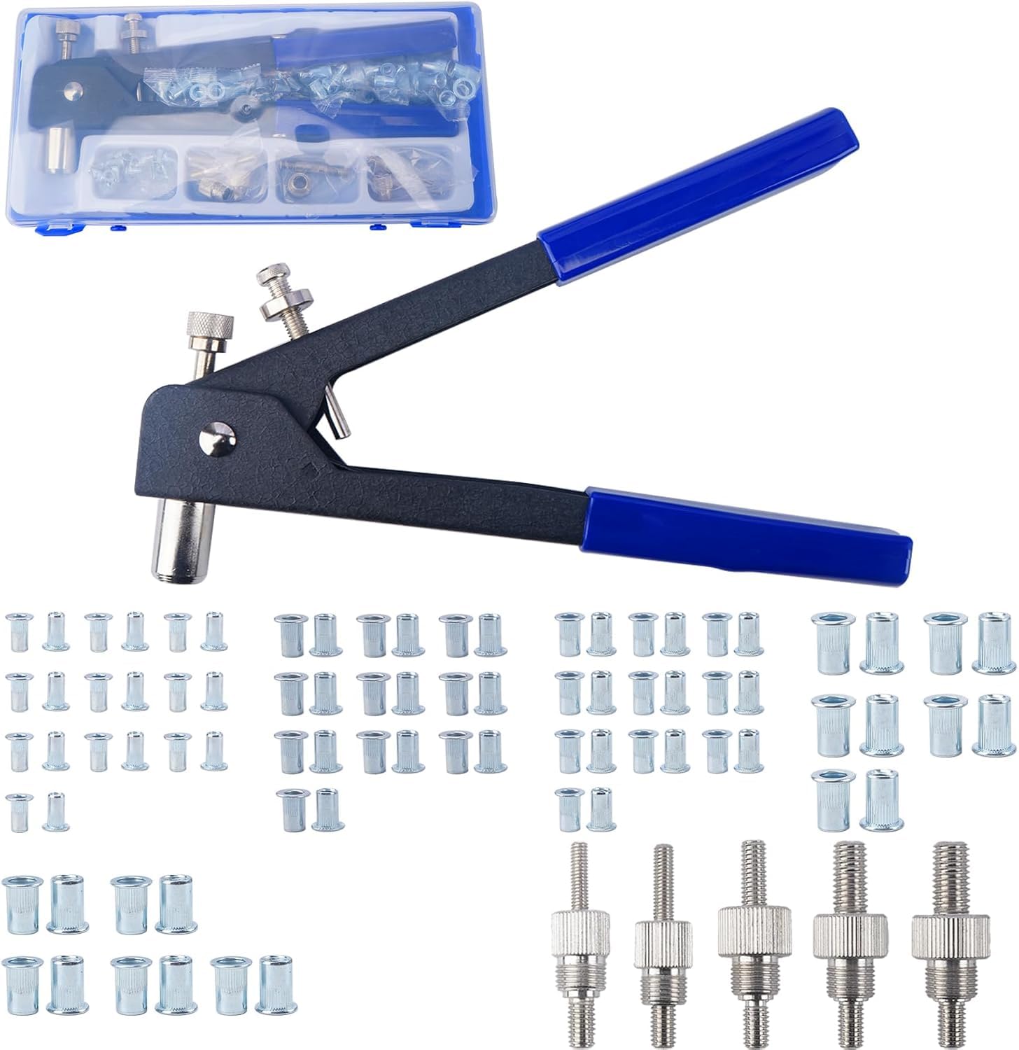 106 Piezas Remachadora con Remaches Alicate de Remaches Pistola Remachadora Profesional - Herramienta con M3-M4-M5-M6-M8, 100 Tuerca de Remache Ciego para Bricolaje y Reparación