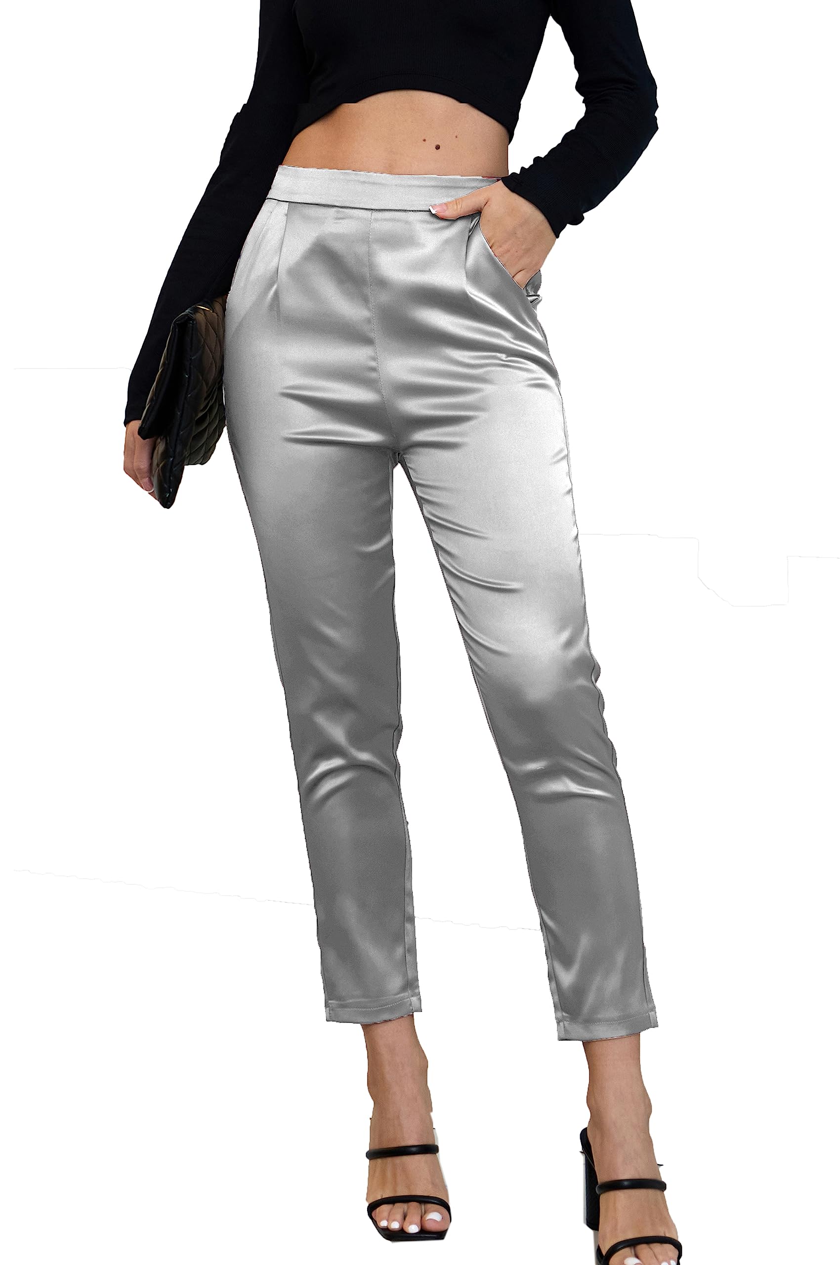 Fakanhui Women's Satin Silky Dress Casual Elastic High Waist Stretch Elegant Pants Trousers