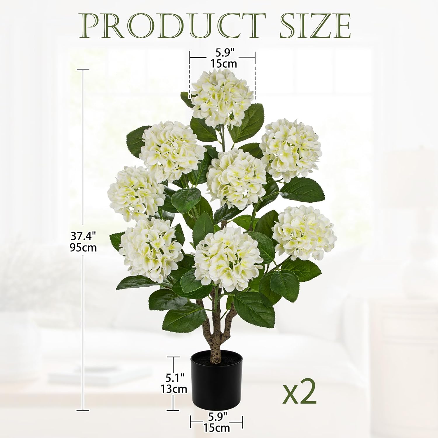 3ft white hydrangea artificial flowers tree 2 pack large real touch faux silk hydrangea plants potted fake flower in black pot for home indoor outdoor front porch garden entrance living room decor cream white-2pcs 3ft-style 2