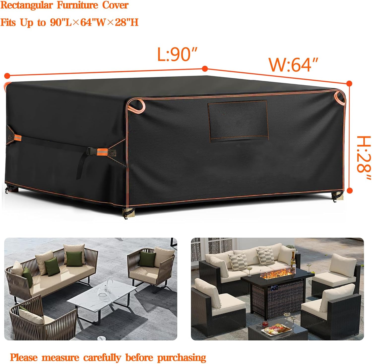 Patio Furniture Cover Outdoor, Rectangular Waterproof 600D Furniture Covers, Tear-Resistant Patio Table and Chair Set Cover with Reflective Strips 90" L×64" W×28" H