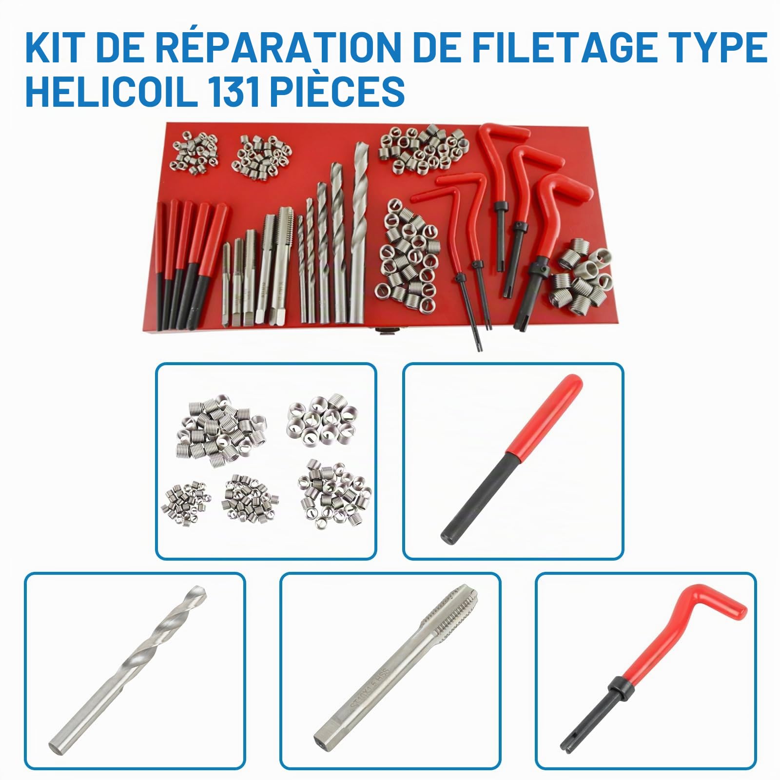 131 Pièces Kit de Réparation de Filetage - Kit de Réparation de Vis Helicoil - Remplacement pour M5 M6 M8 M10 M12