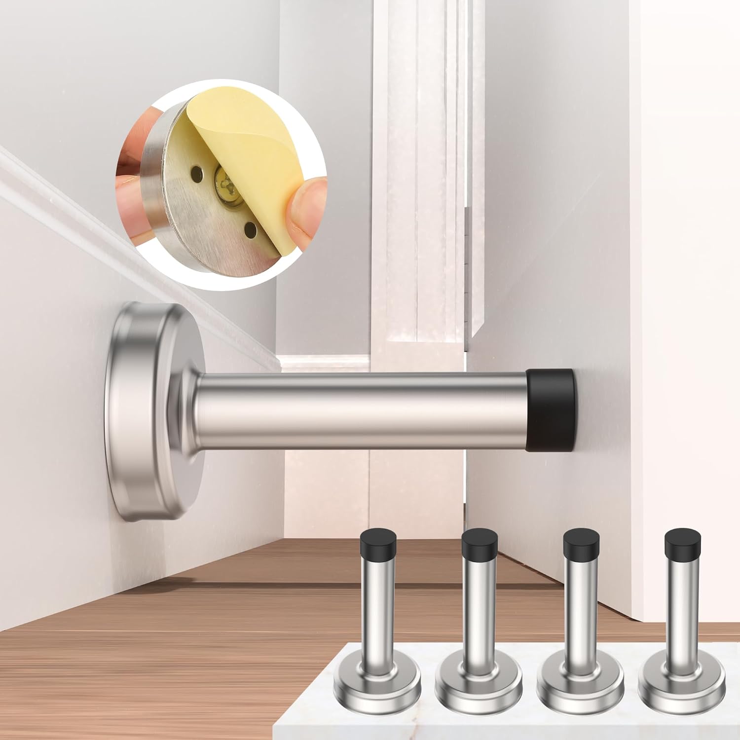 4 Pack Door Stops, 304 Stainless Steel Door Stoppers, Easy Installation with Strong Adhesive Tapes, No Drilling Door Stops for Bottom and Top of Door, Silver